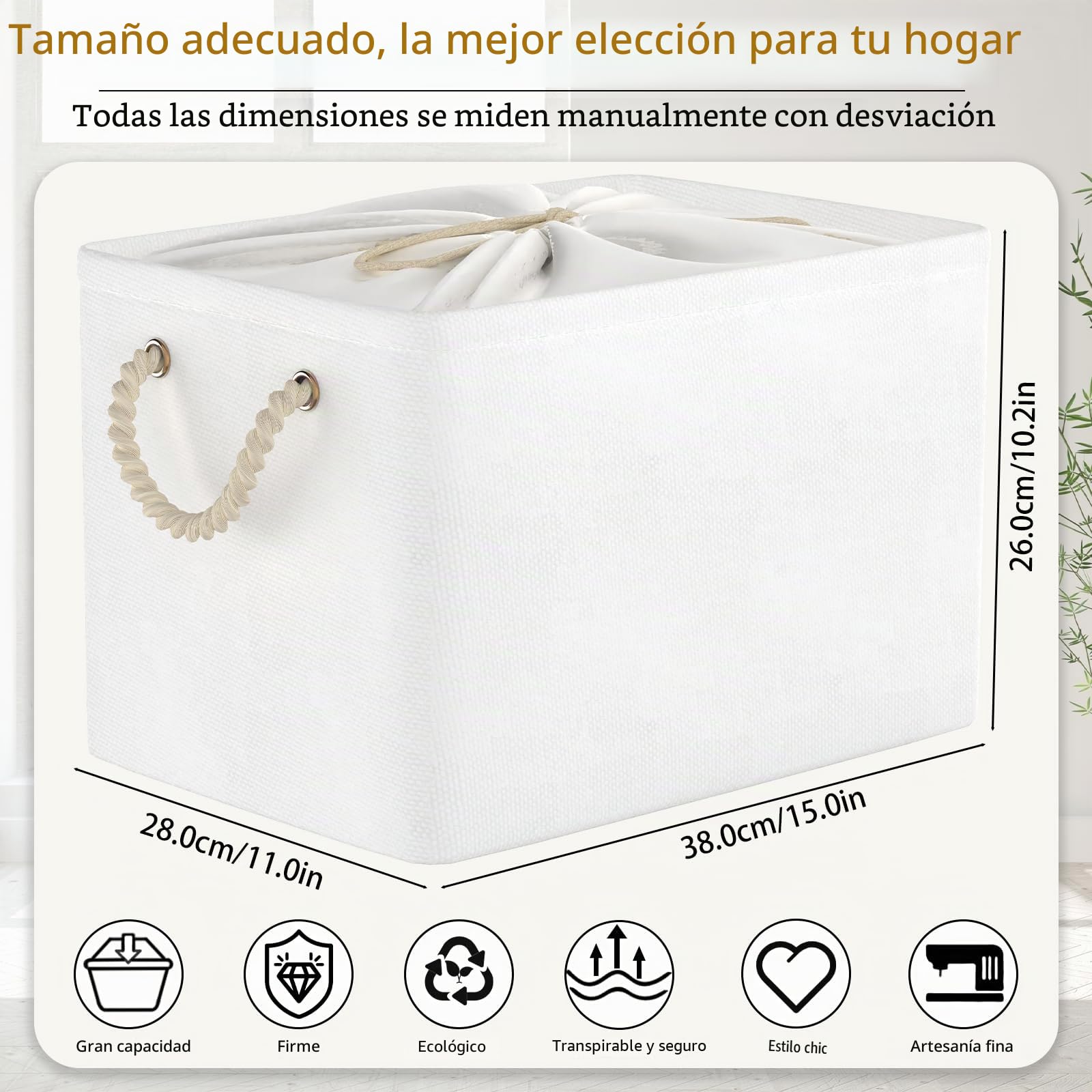 Yawinhe Caja de almacenaje, Cestas Almacenaje de Tejidos con Manijas, Plegable Cajas Organizadoras para Ropa, con Cubierta de Cordón, Adecuada Para Dormitorio, Bianco,38x28x26cm