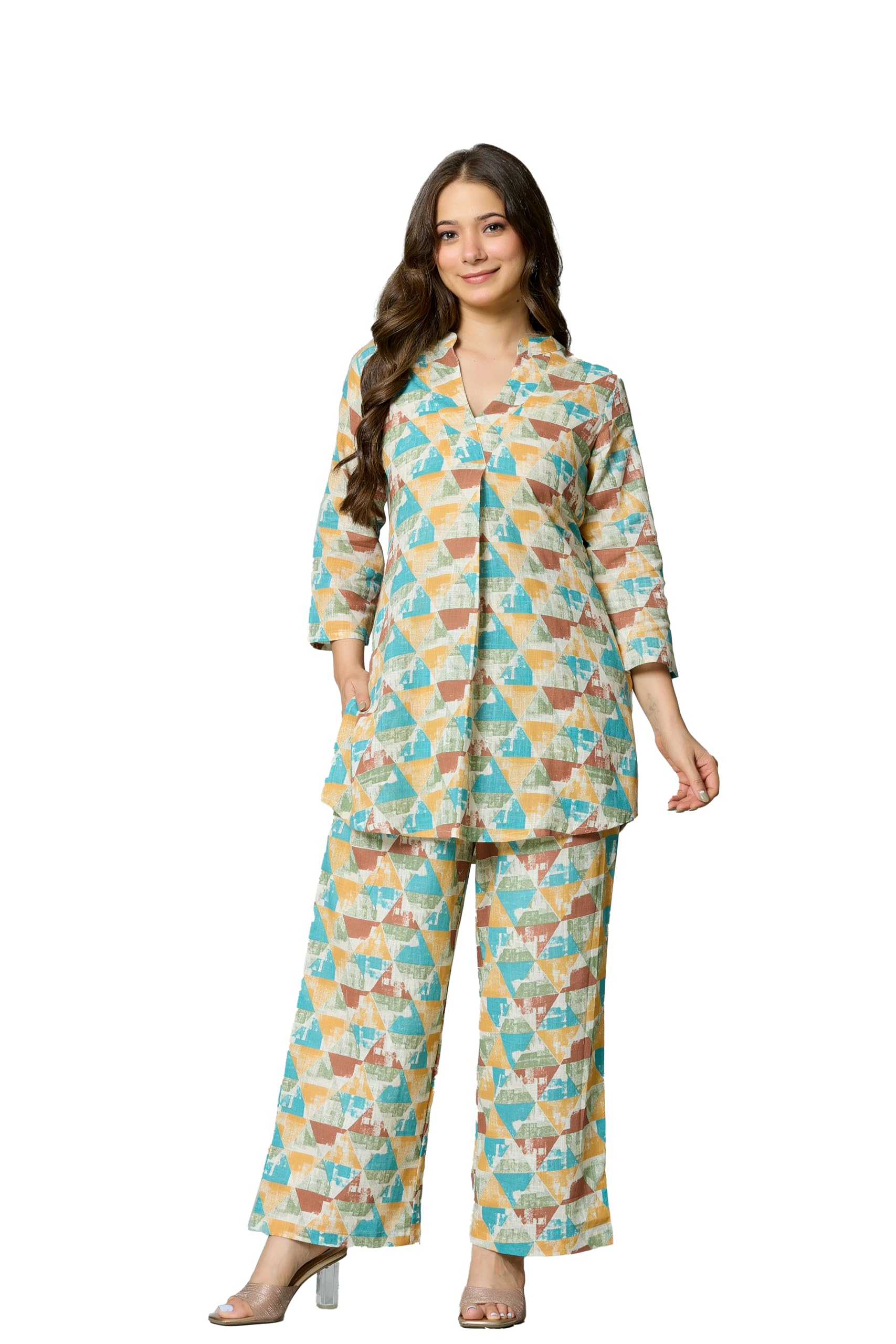 women's pure cotton geometric printed co-ord set | 2 piece multicolor top & palazzo pant set | casual, lounge & everyday wear | soft breathable & relaxed fit matching set
