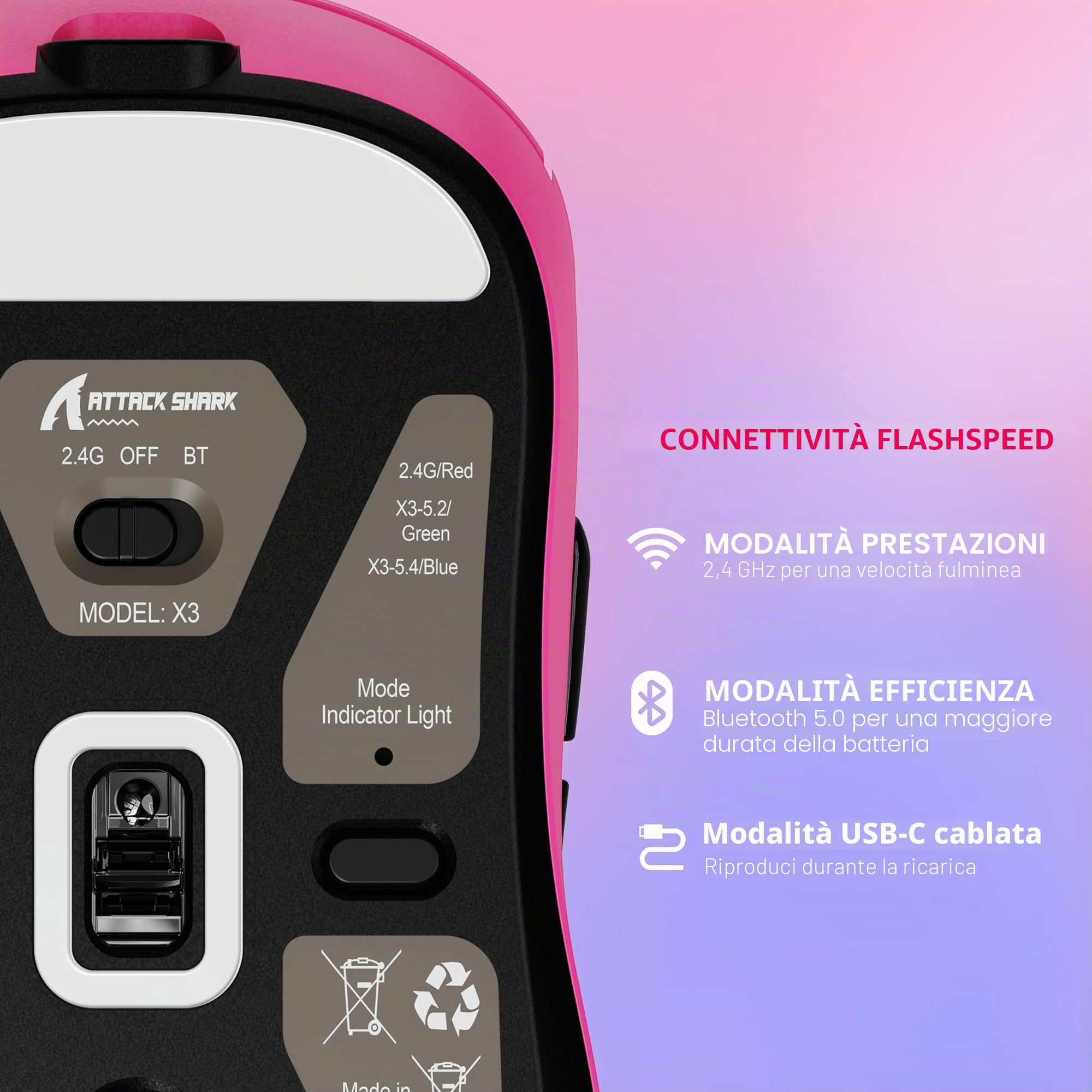 VGN GAMEPOWER ATTACK SHARK X3 SUPERLIGHT Mouse Gaming Wireless, 49g Ultraleggero Mouse da Gioco, PixArt PAW3395, 26000DPI, 2.4G/Bluetooth/Cablato, Mouse Grip Tape, Durata Batteria 200Hrs, Bacca Rossa