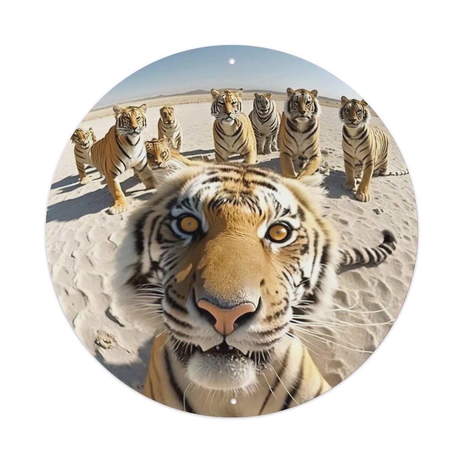 Fierce Tiger Family Selfie Animal Vintage Metal Tin Sign Plaque Wall Decor for Cafe, Club, Garden Round Metal Poster 8x8Inch