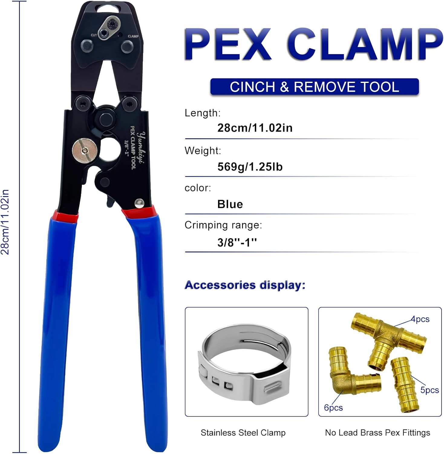 PEX Cinch Clamp Tool Kit, Including 1Pcs Clamp Tool for 3/8-in to 1-in Stainless Steel Clamps Cinch & Remove,1Pcs Pipe Cutter,15Pcs 1/2-in Brass Fittings,20Pcs Clamps Rings.