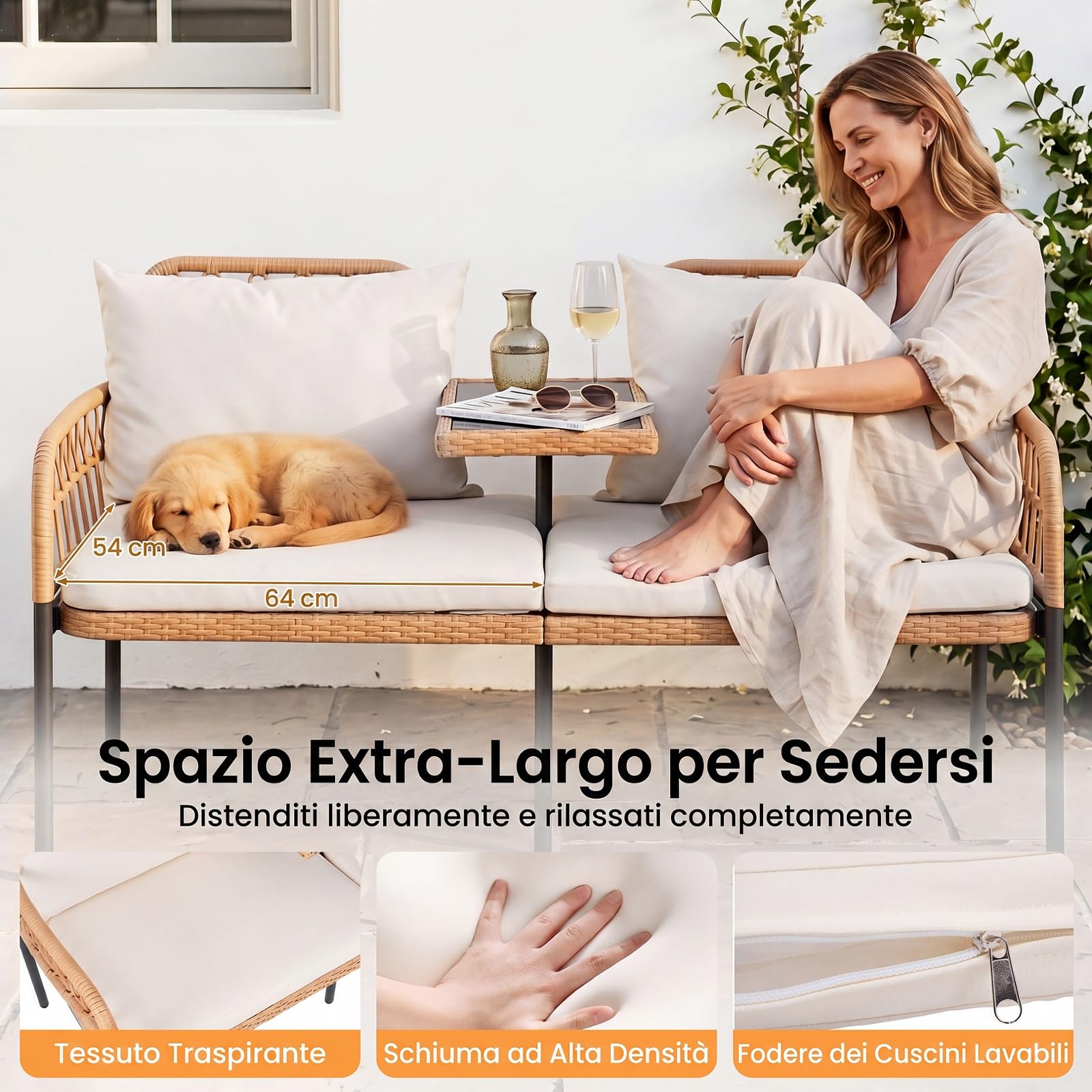 COSTWAY Divano da Giardino in Rattan PE con Tavolino in Vetro Temperato | Panchina Esterno a 2 Posti con Cuscini Imbottiti per Balcone, Terrazza e Cortile, Portata 150 kg
