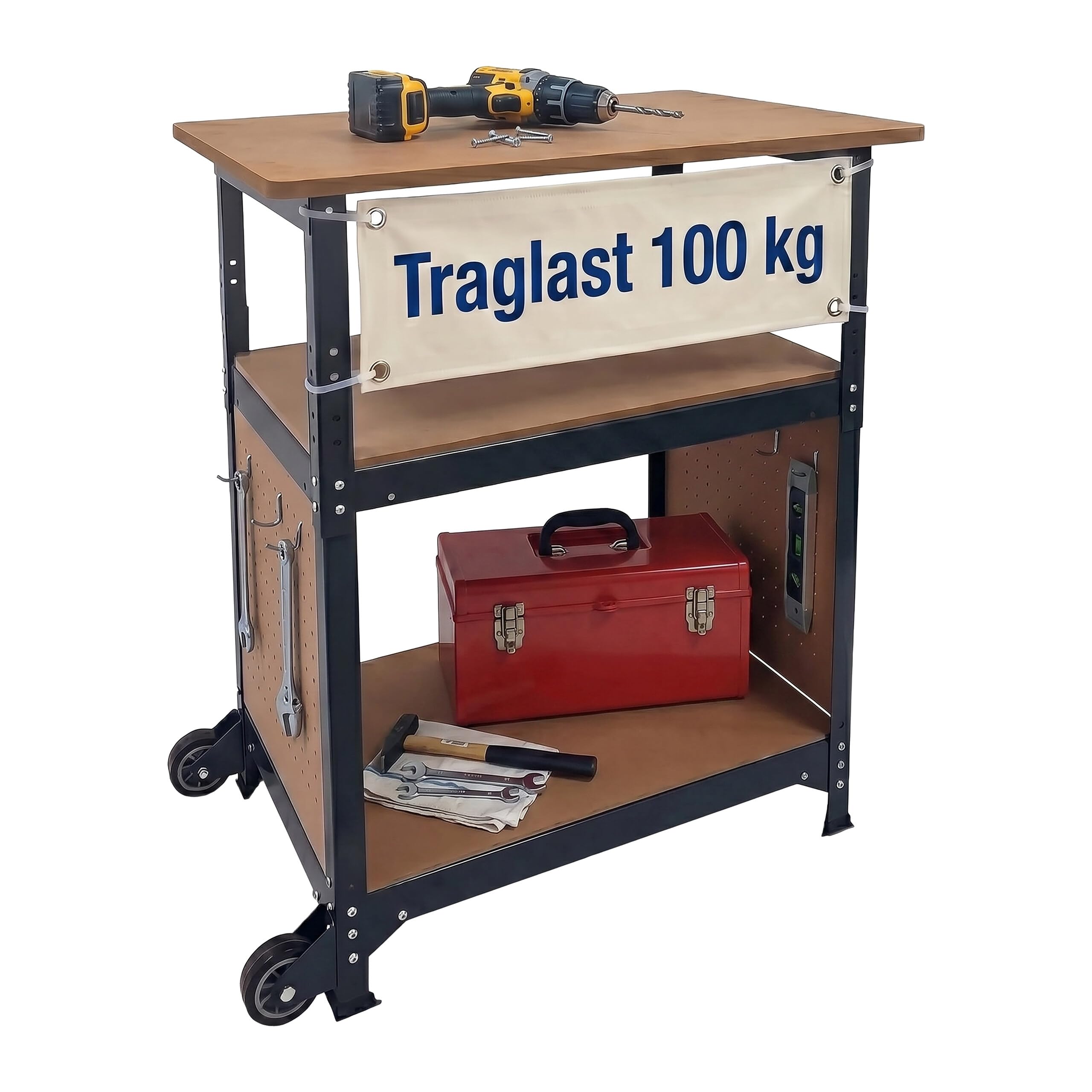 Relaxdays Werkbank Werkbank mit Rollen, höhenverstellbar, Stahl & MDF, Schwarz