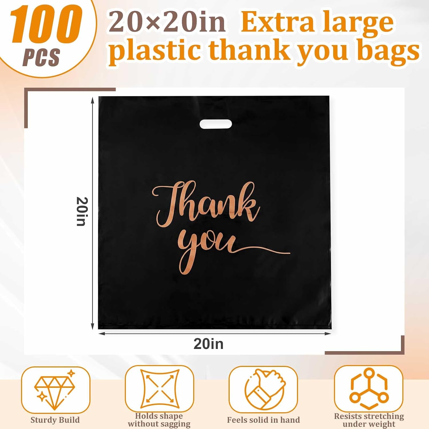 Maitys 100 Pcs 20" x 20" Large Thank You Bags with Handle for Small Business, Black Plastic Shopping Merchandise Bags for Retail, Boutique Stores, Gifts, Clothes, Trade Show and More