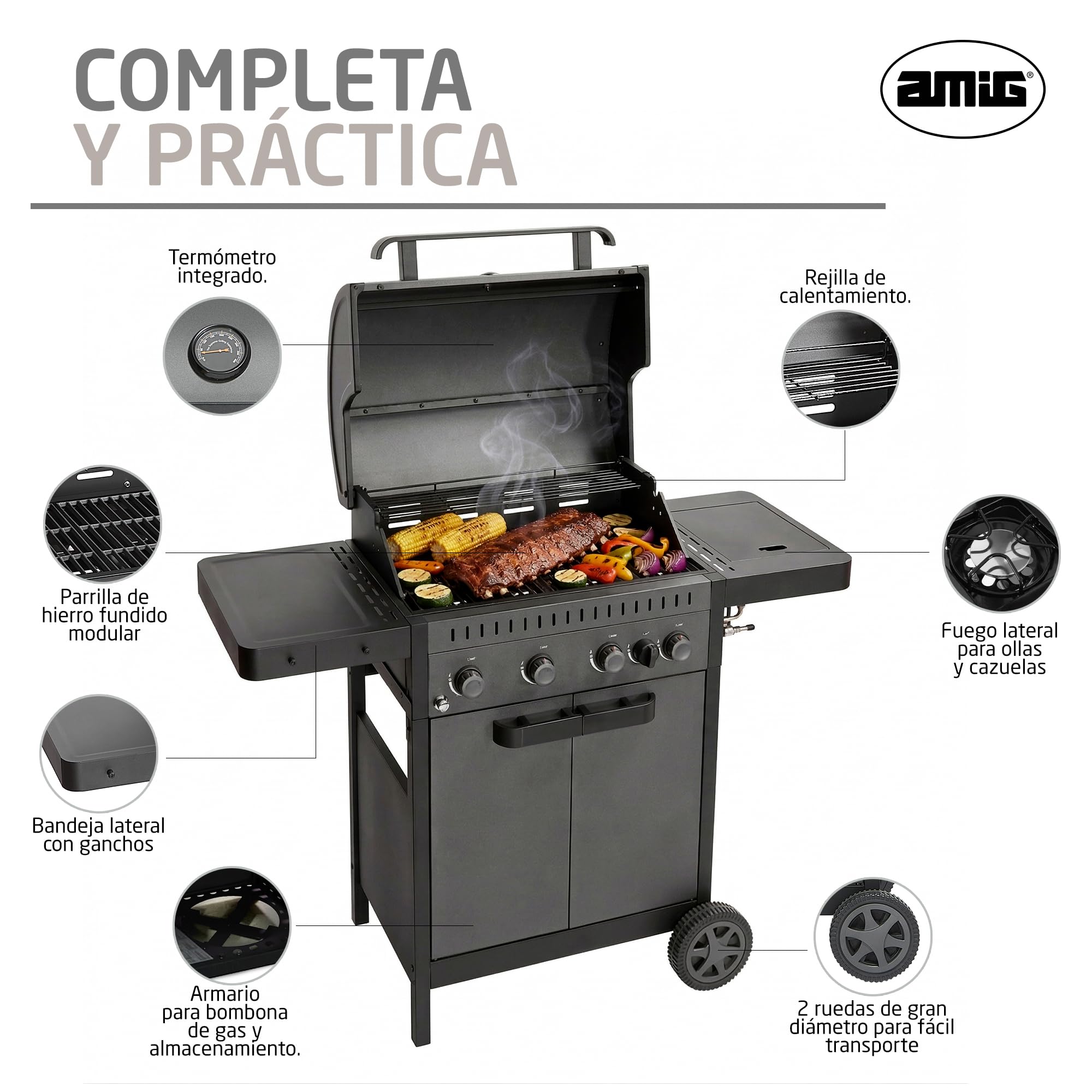 Amig - Barbacoa de Gas IGNIS 4+1 (4 Quemadores + 1 Lateral) - 123 x 55 x 110 cm - Superficie de Cocción 60 x 38 cm - Con Termómetro, Bandejas Laterales, Ruedas y Parrilla de Hierro Fundido - Negro