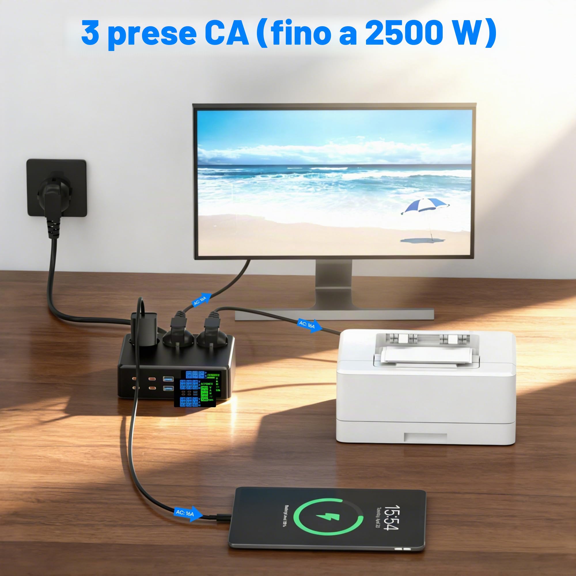 Ciabatta Multipresa con USB C 6 Porte (90W) con Schermo LED | Presa Multipla 2500W, Salvaspazio Ciabatta Elettrica Multipresa con Stazione Ricarica Multiplo Prolunga Elettrica 1.2M, Nero