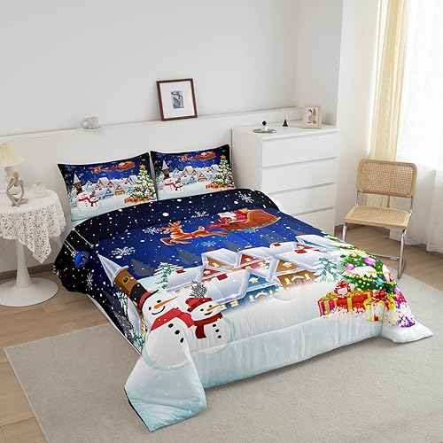 Miniatura 2 de Manfei Juego de ropa de cama de Navidad, tamaño matrimonial, diseño de muñeco de nieve, árbol de Navidad, Papá Noel con reno, juego de edredón de 3