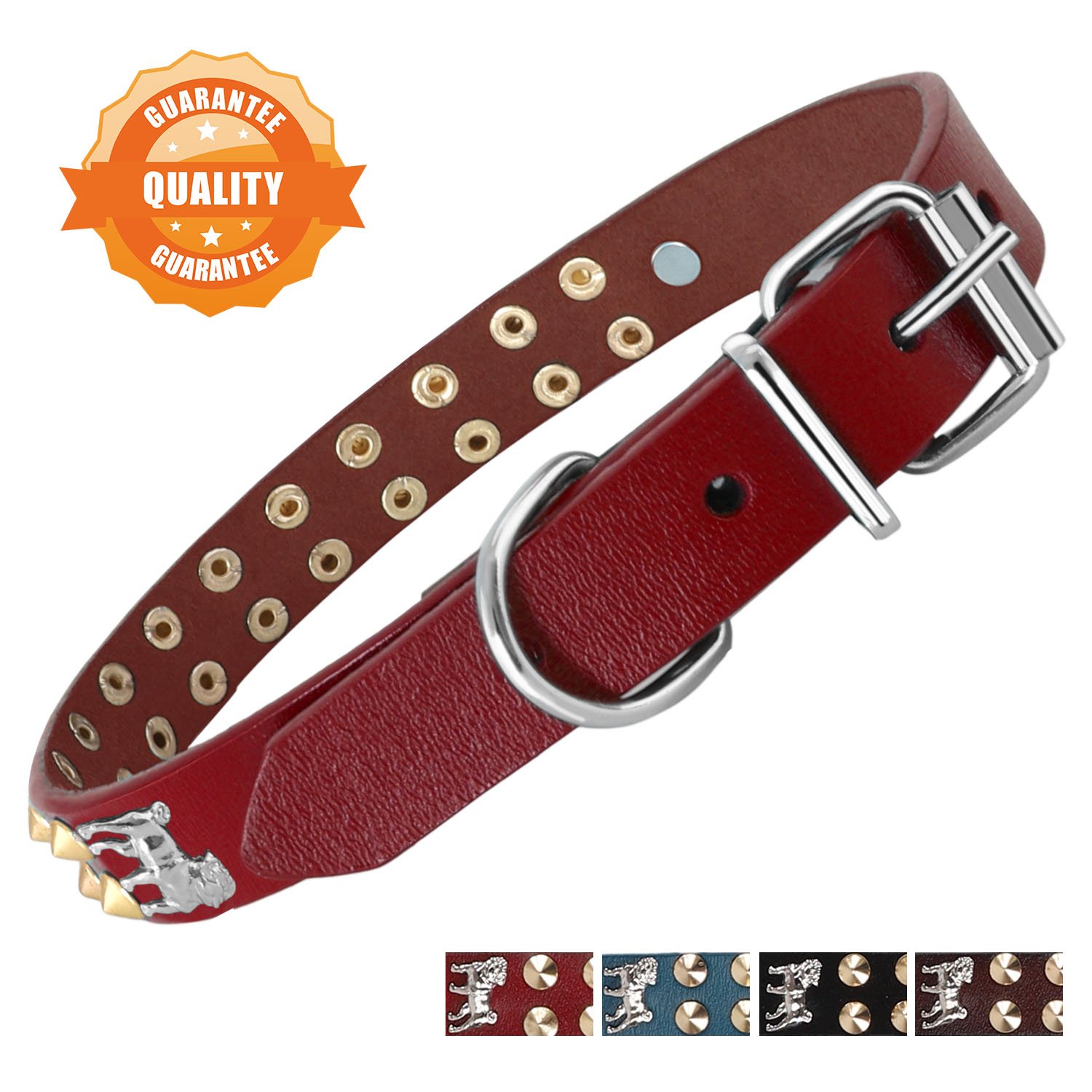 Bark Lover Leather Studded Dog Collar Genuine Leather Soft Pet Collar for Medium Large Extra Large Dogs, Walk Comfortably with Your Dog (M, Red,Stud & Puppy)
