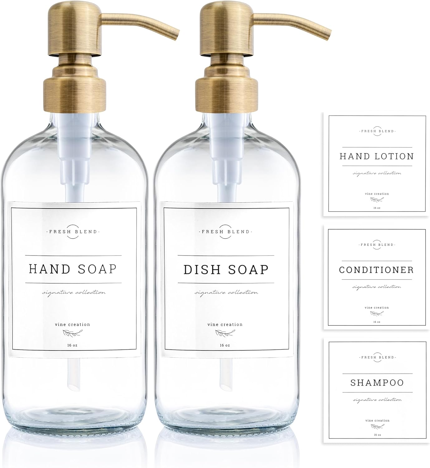 Vine Creations Clear Glass Soap Dispenser 2 Pack, Thick 16oz Bottles Rustproof Stainless Steel Pump, Kitchen Bathroom Accessories, Hand Dish Dispenser, with Waterproof Labels (Brushed Brass) Clear Bottle / Brushed Brass Pump