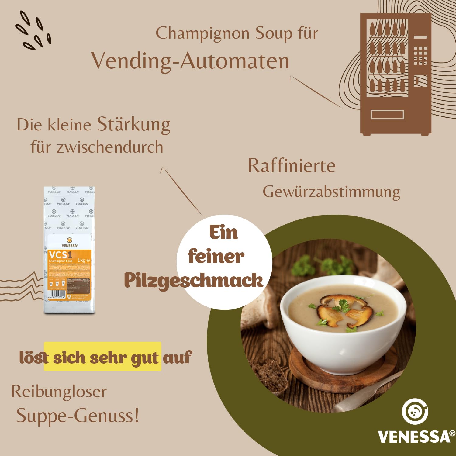 VENESSA VCS 1 zupa pieczarkowa 20 x 1 kg – korzystne opakowanie – kremowa zupa grzybowa wyrafinowana, zaokrąglona z przyprawami do automatów – zupa automatowa – do gastronomii