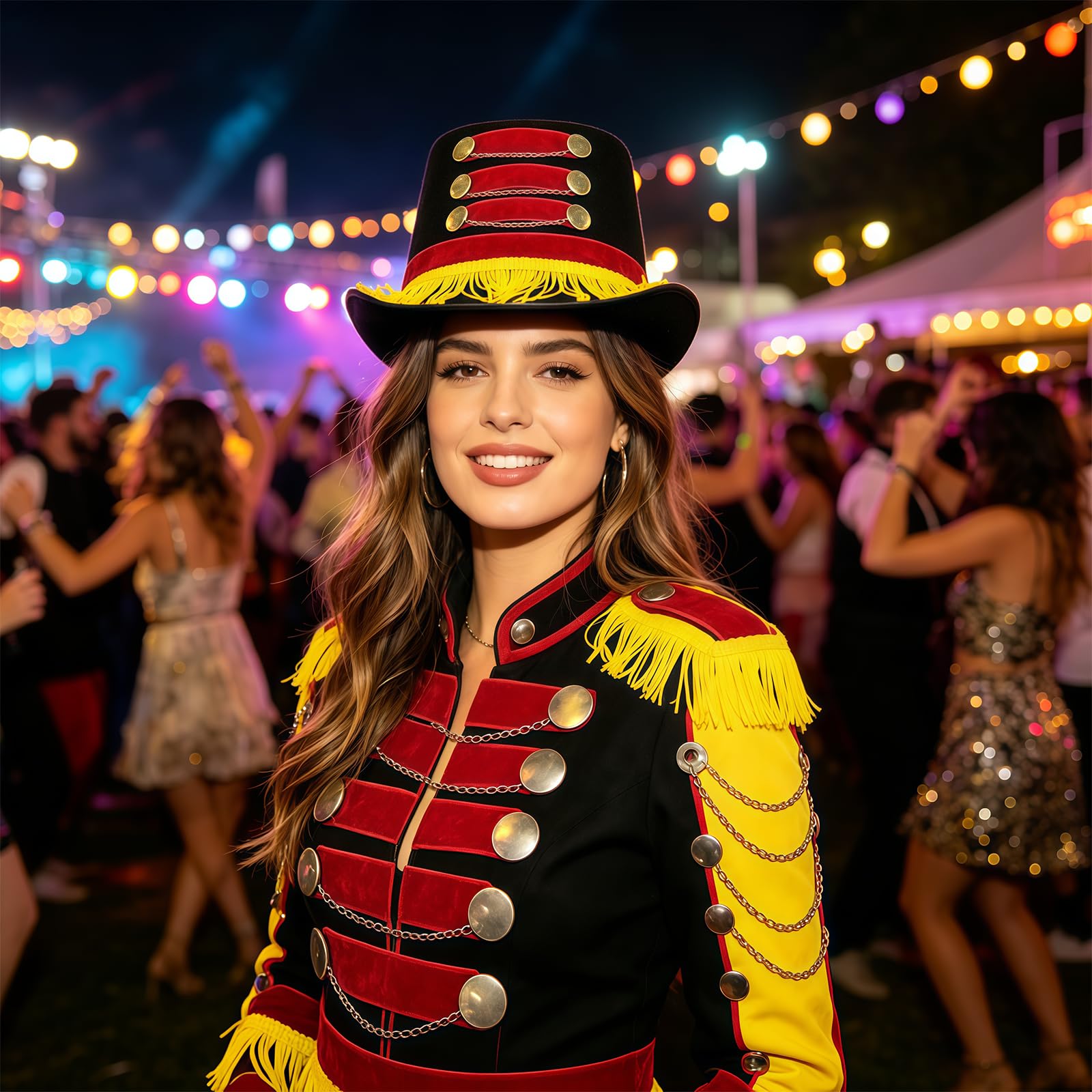 Ringmaster - Cappello a cilindro rosso e nero da circo con frangia dorata, accessorio per costume di Carnevale di Halloween, perfetto per cosplay, spettacoli teatrali per adulti