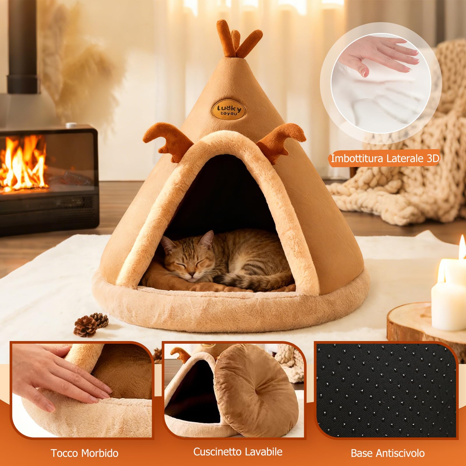 PETCUTE Cuccia per Gatti Semi-Chiusa,Super Morbido,Letto per Gatti con Giocattolo Sospeso e Cuscino Rimovibile Lavabile,Cuccia Gatto Chiusa Interno con Fondo Antiscivolo,XL