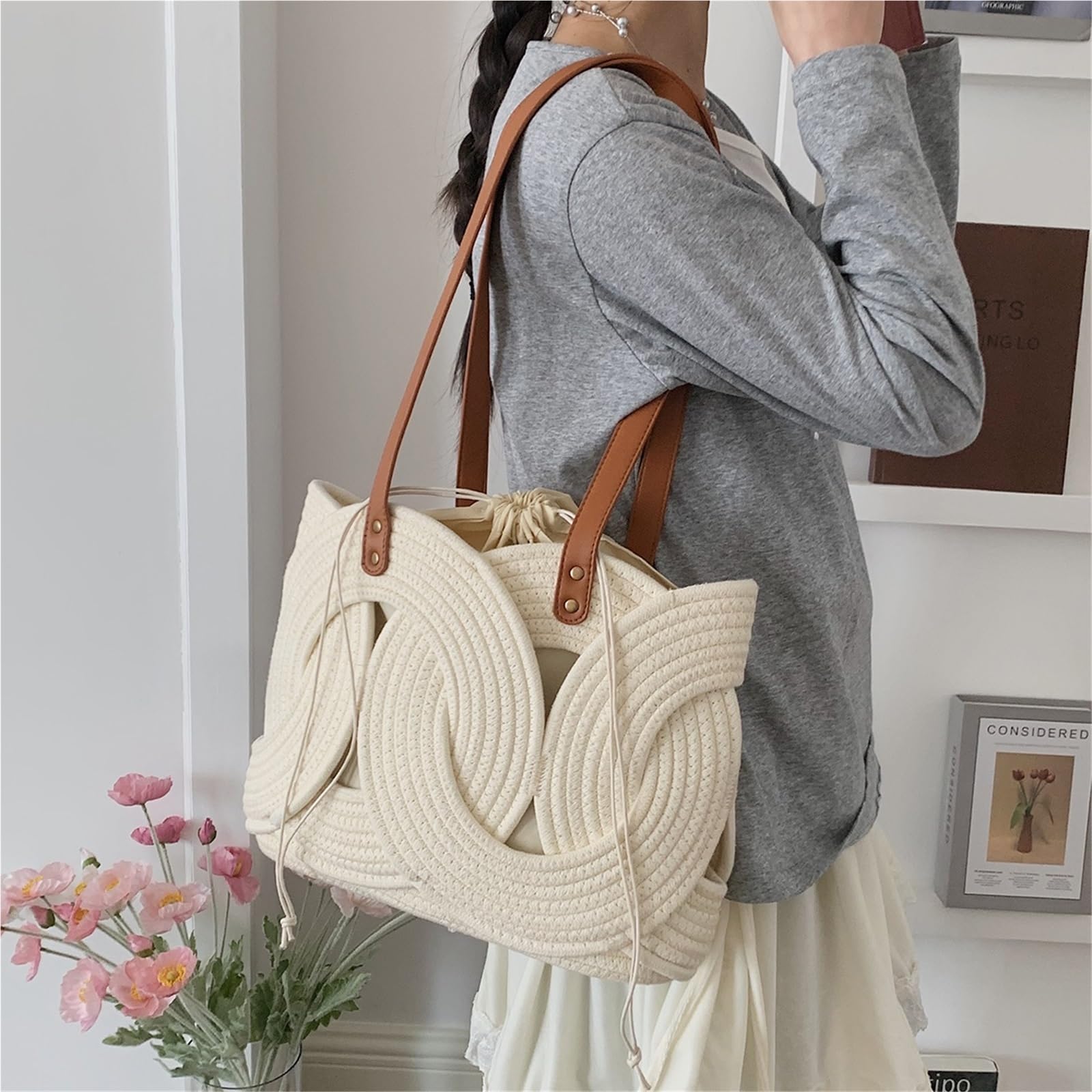 bolso mujer verano Bolsos de hombro geométricos for mujer, algodón y lino, gran capacidad, con cordón, bolso compras