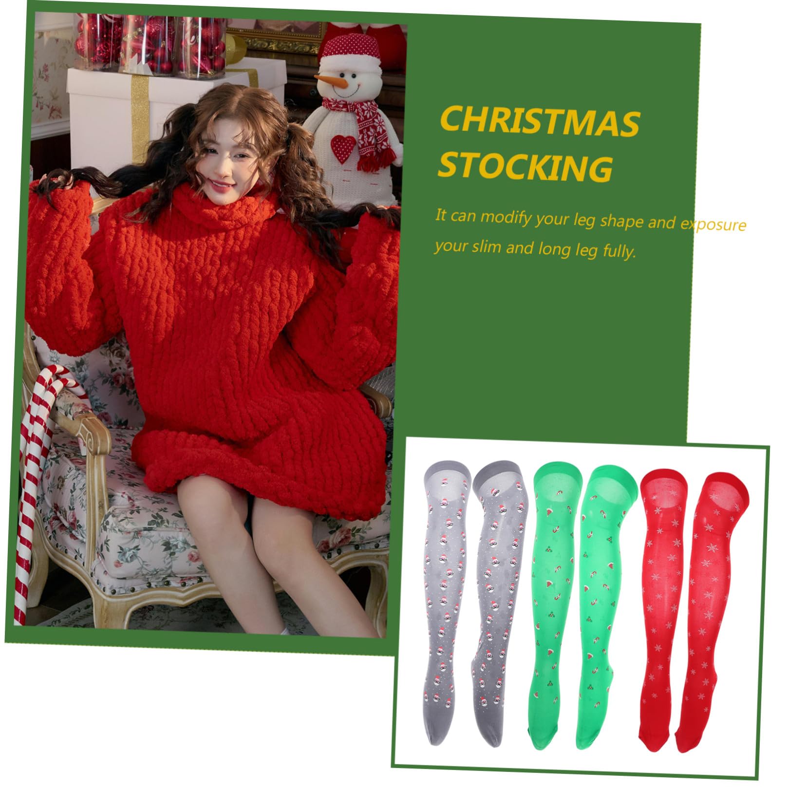 3 Paires Lot Chaussettes Longues de Noël Soie Motifs Festifs Chaussettes Dessus Genou Respirantes et Confortables pour Fêtes Dhiver