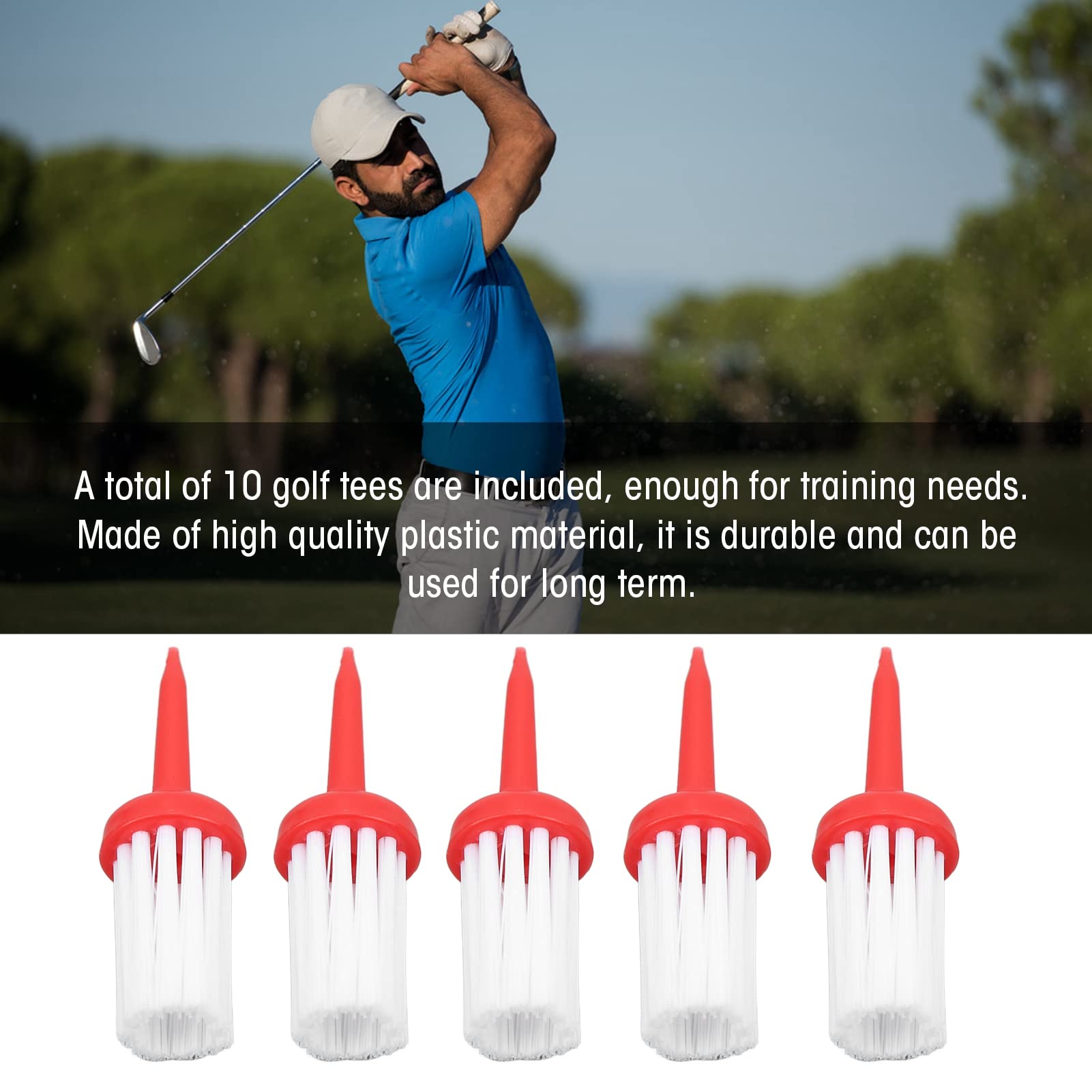 OUKENS Golf Tees Brush, 10pcs Golf Tees Brush Type Low Resistance More Distance Consistent Height Plastic Tees Driver Training Tee for Men Women(White/Red)