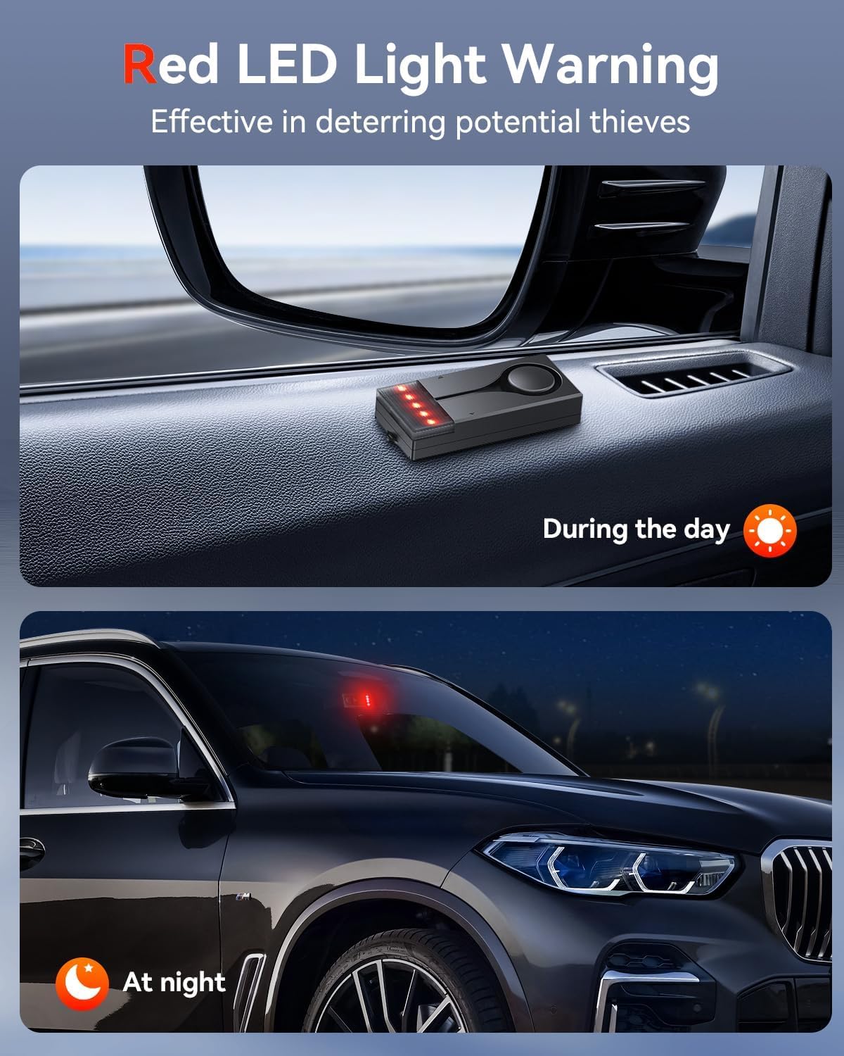 Auto-Diebstahlschutz-Vibrationsalarm, ELECTOP 108 dB Auto-Vibrationsalarm mit Ton und Licht, kabelloser Fernalarm für Autos, Sicherheitslicht für den Innenraum mit 2 Alarmgeräten