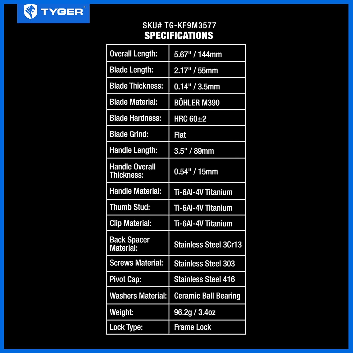 Diagram showing detailed dimensions and specifications of the Tyger K7 knife