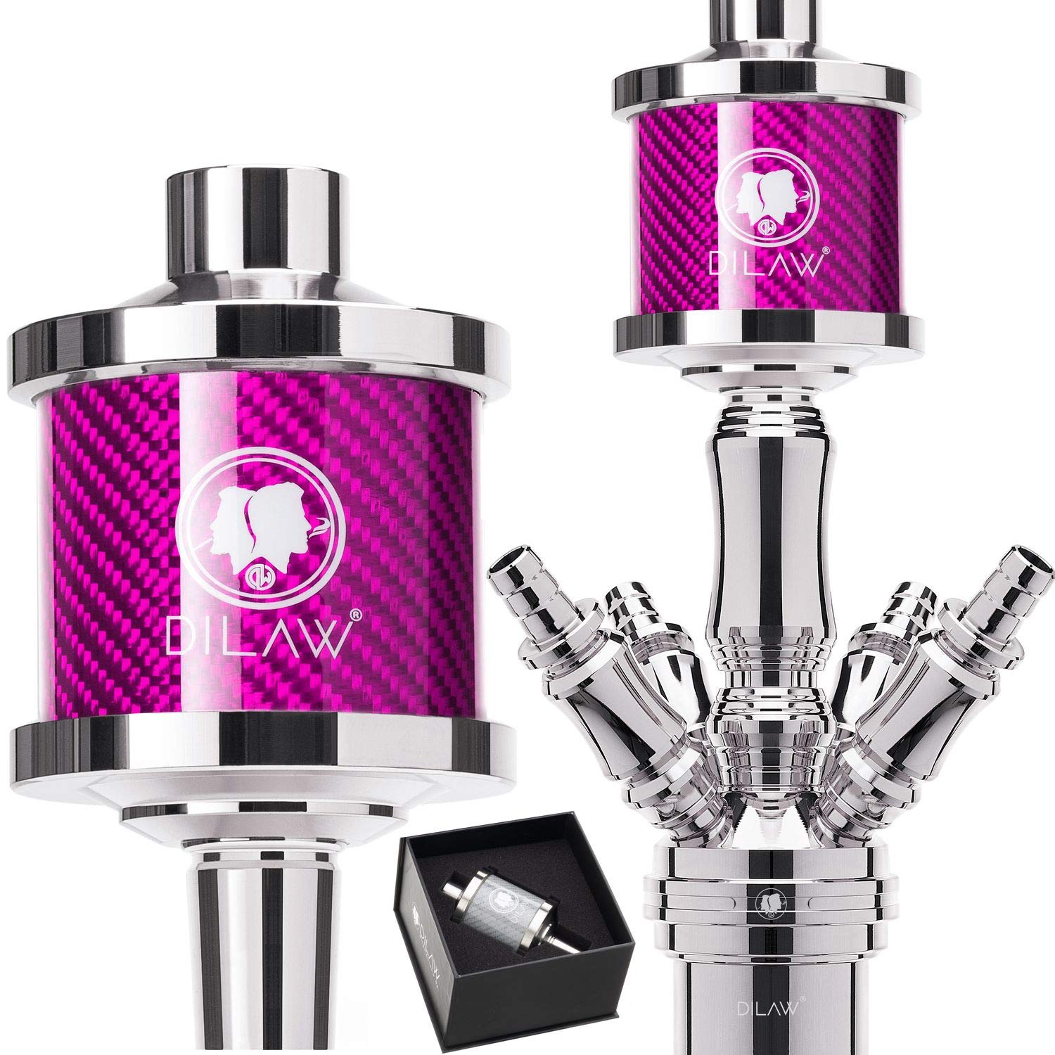 DILAW® Shisha DX1 Carbon Molassefänger Edelstahl Wasserpfeife, Vorkühler-Aufsatz für(Schliff 18/8) Zubehör Farbe Pink