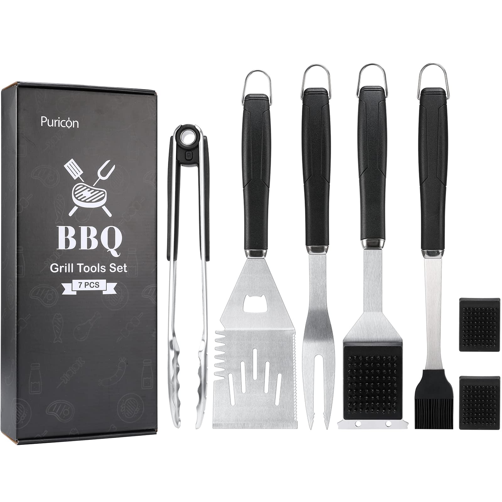 Puricon Griddle Accessories Set, Stainless Steel BBQ Tools Kit for Flat Top Grill, Tongs Fork Spatula Basting Brush Cleaning Scraper for Outdoor Barbecue Grilling -7 Pieces