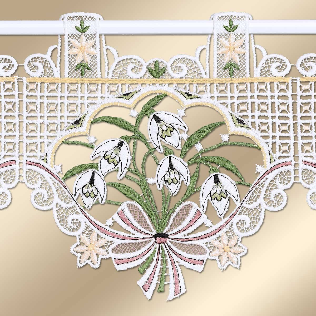Feenhaus-Scheibengardine Schneeglöckchen weiß | Vogtländische Spitze Fenster-Deko | Landhaus Kurzgardine für Frühjahr & Ostern | Blumenstickerei Frühblüher Höhe x Breite 20 x 92 cm