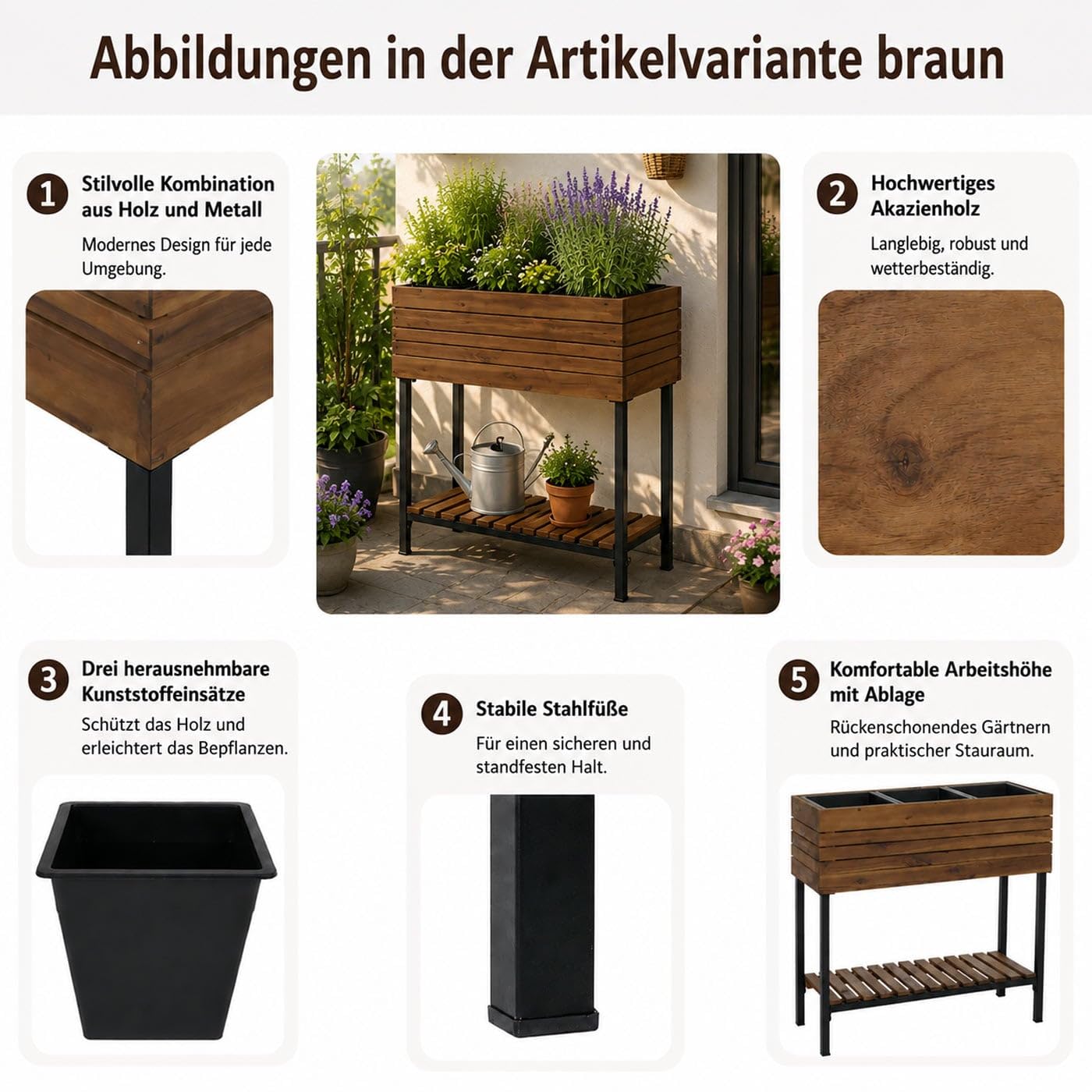 Hochbeet HWC-P84, Pflanzbeet Blumen-/Pflanzkasten Pflanzkübel, Ablage Outdoor Akazie Holz FSC® 79x80x31cm - braun