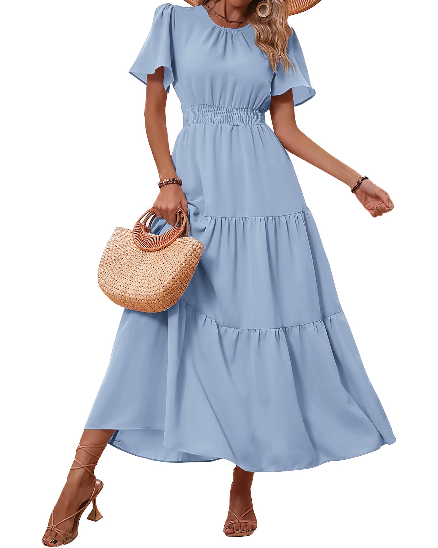 PRETTYGARDEN Women's Summer Casual Short Flutter Sleeve Round Neck Smocked Waist Tiered Boho Floral Flowy Maxi Dress