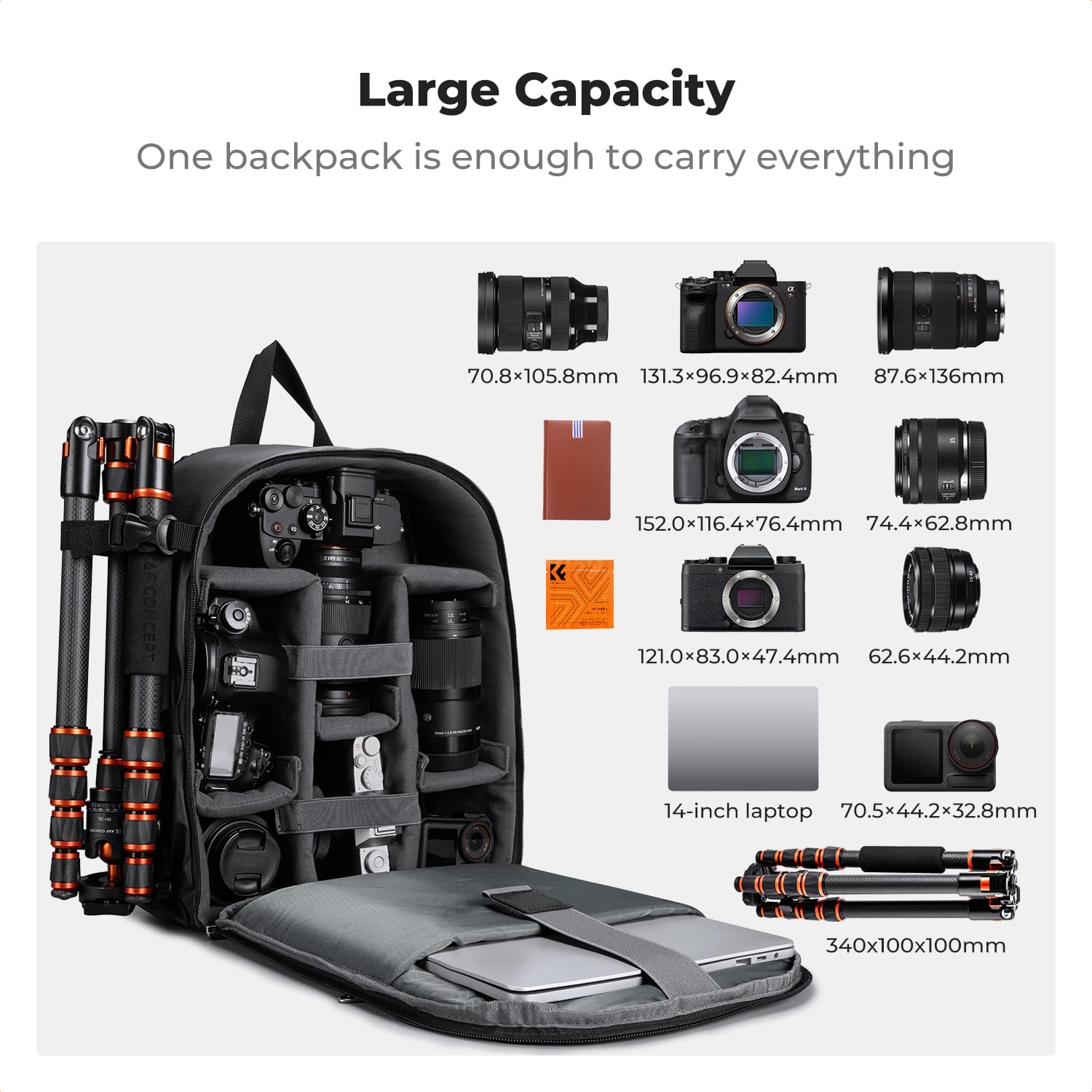 K&F CONCEPT Camera Bag Backpack, Professional DSLR/SLR/Mirrorless Camera Backpack, Photography Camera Case with Tripod Holder & Rain Cover Compatible with Canon/Sony/Nikon/FUJIFILM