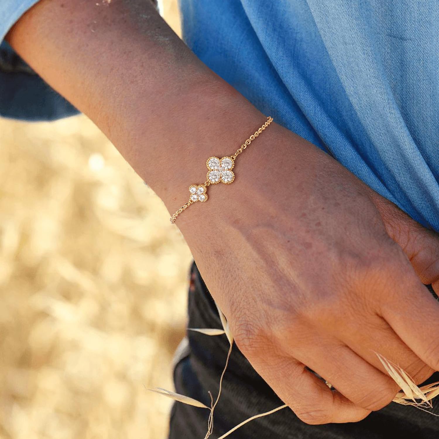 MYEARS Flower Bracelet for Women Gold Sideways Double Four-leaf-clover Link Charm 12 Month Birthstone Cubic Zirconia 14K Simple Dainty Thick Chain Floral Lucky Jewelry Gift - Image 2