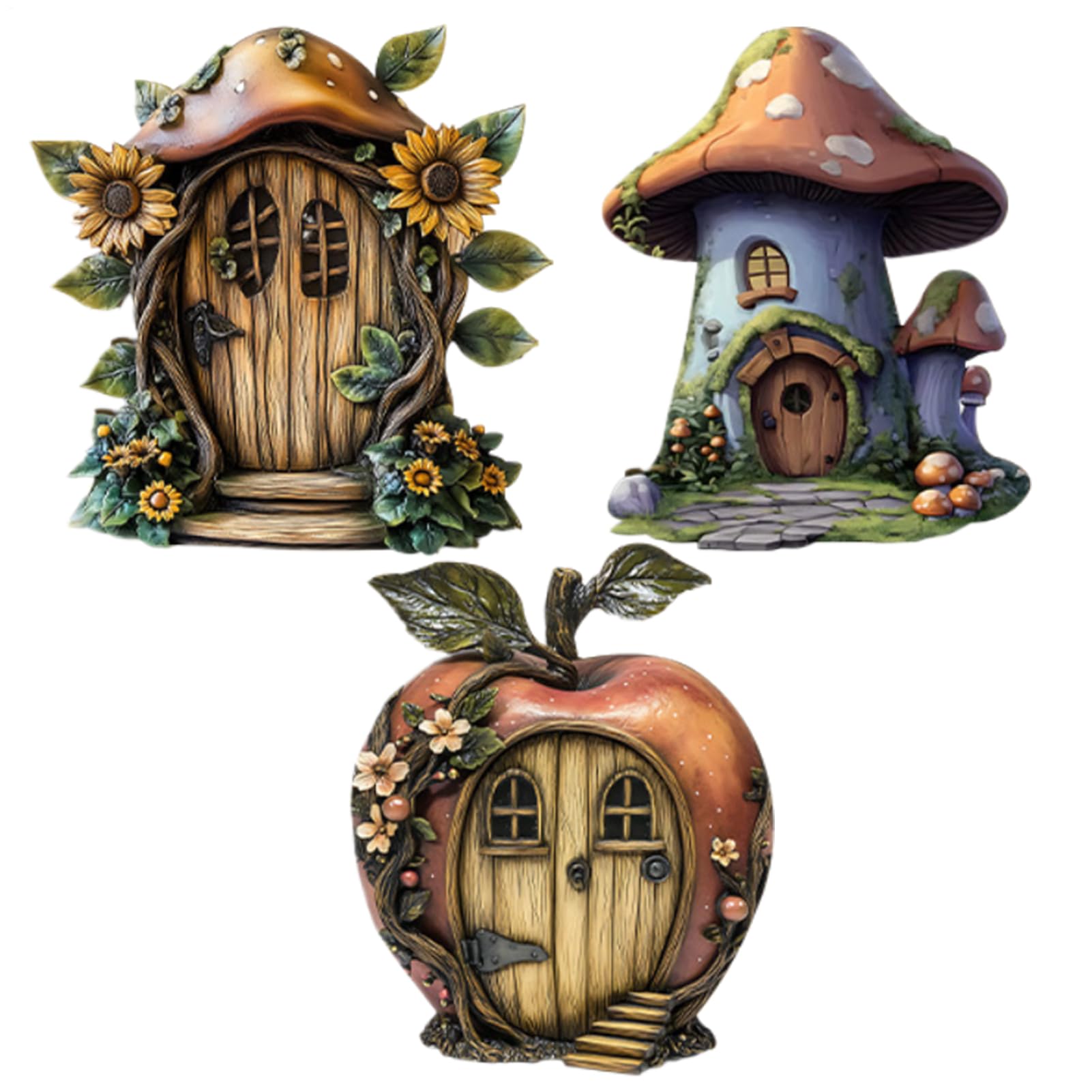 Fairy Door - Miniature Garden Ornament | 2D Fairy Door for Wooden Doll House, 3 x Cute Wizards Fairytale Rustic Accessories Wall Outdoor Garden Decor Tree House Shelf : DIY, Tools & Garden