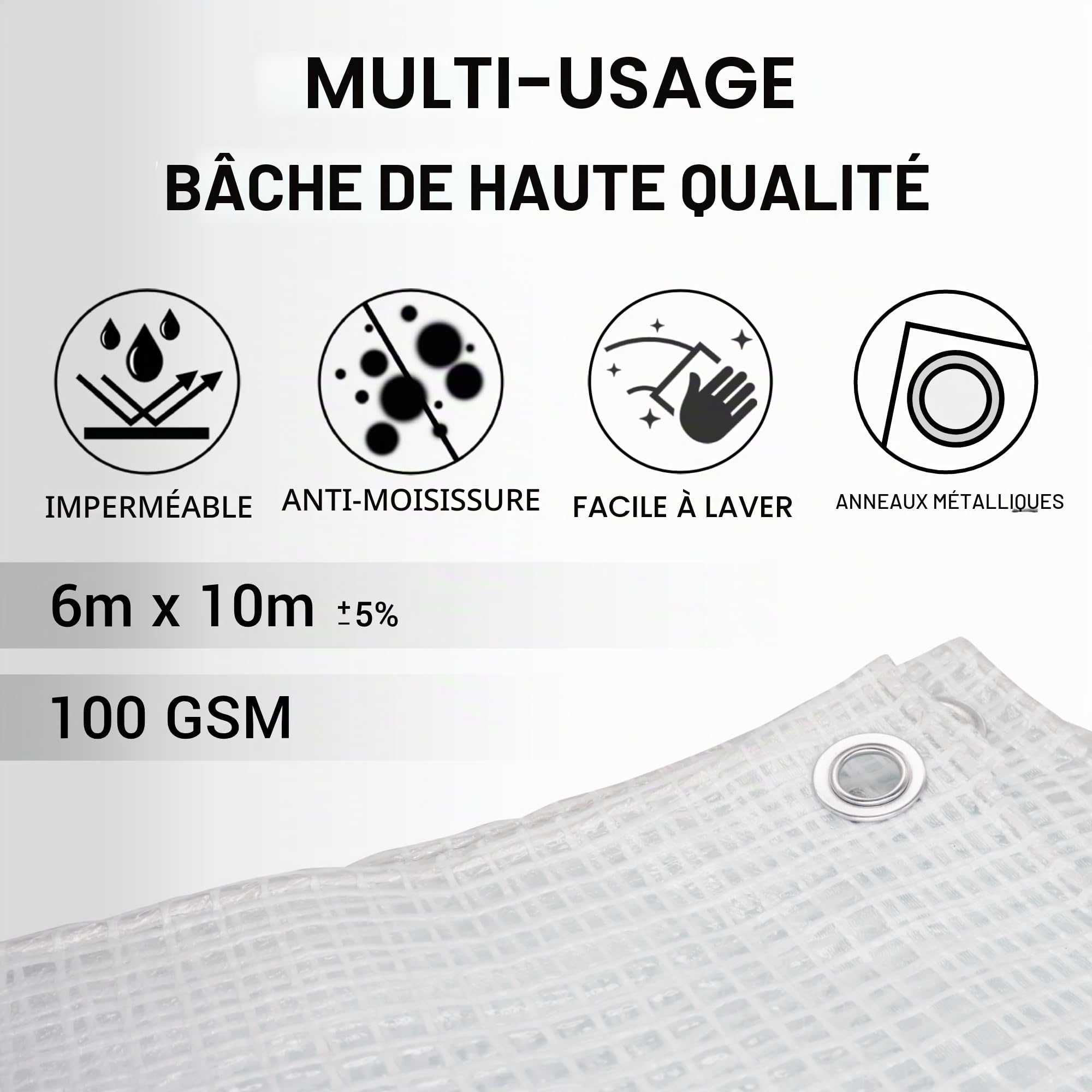 Bâche Transparente Imperméable 6 x 10 m - 100 g/m² Avec Œillets - Protection Polyvalente pour Voiture et Autres Usages