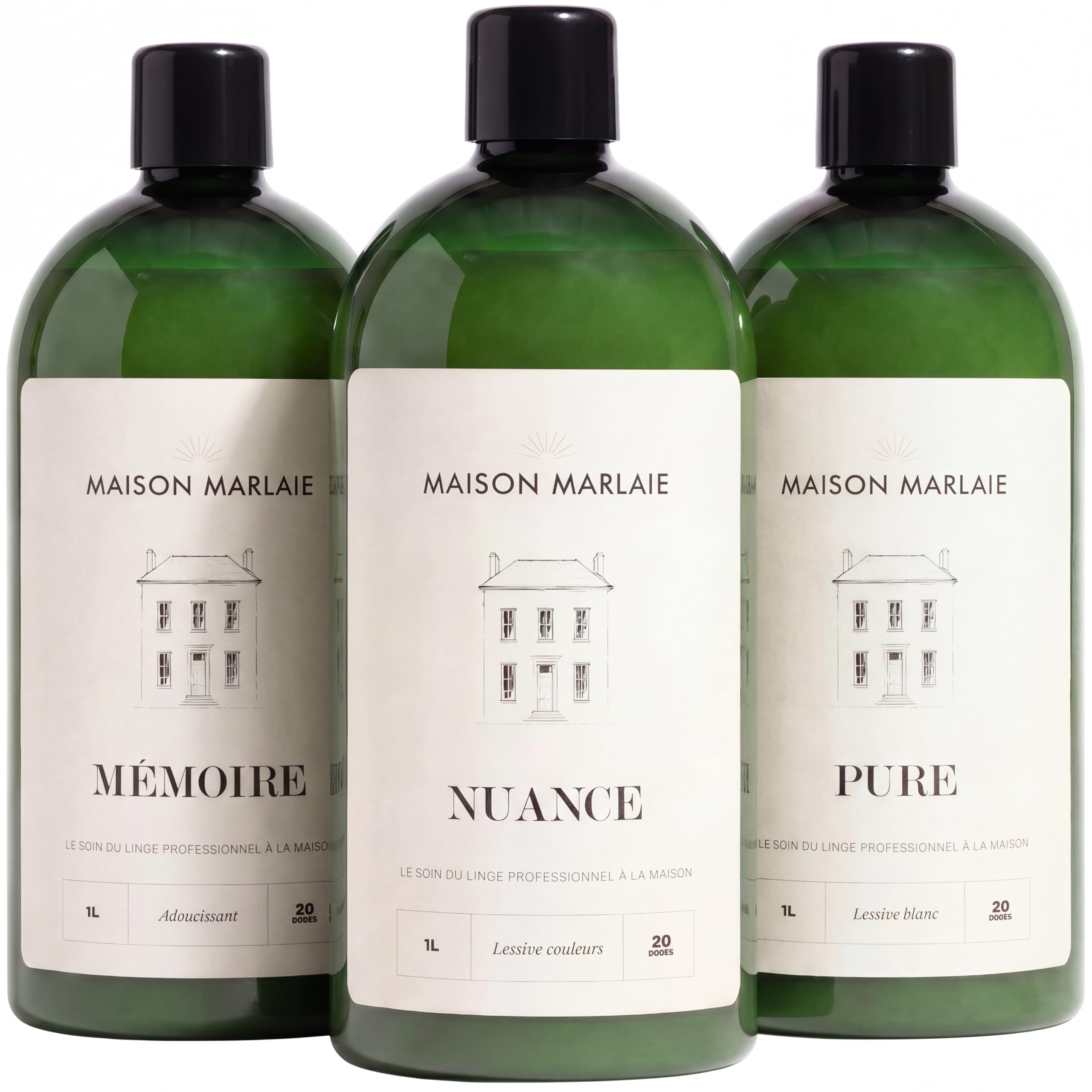 L'Essentiel Maison Marlaie – Coffret Lessive Blanc + Lessive Couleurs + Adoucissant Concentrés – Parfum Signature – Fabriqués en Italie – 3 x 1L