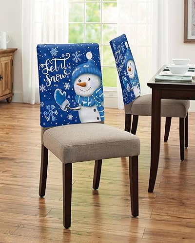 Miniatura 4 de Juego de 4 fundas para sillas de Navidad con diseño de muñeco de nieve azul para comedor, diseño de copo de nieve de invierno, fundas extraíbles