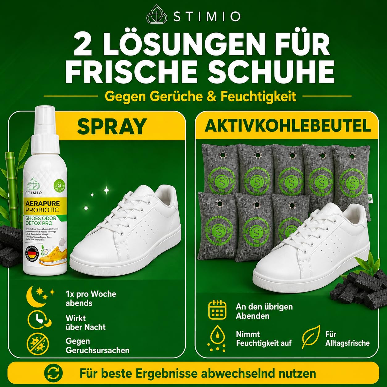 Anti-Geruch Set für Schuhe – 8x Aktivkohlebeutel + 100ml probiotisches Spray – gegen Fußgeruch & Schweißfüße – natürliches Schuhdeo ohne Chemie – Schuhgeruch entfernen & Schuhe trocknen