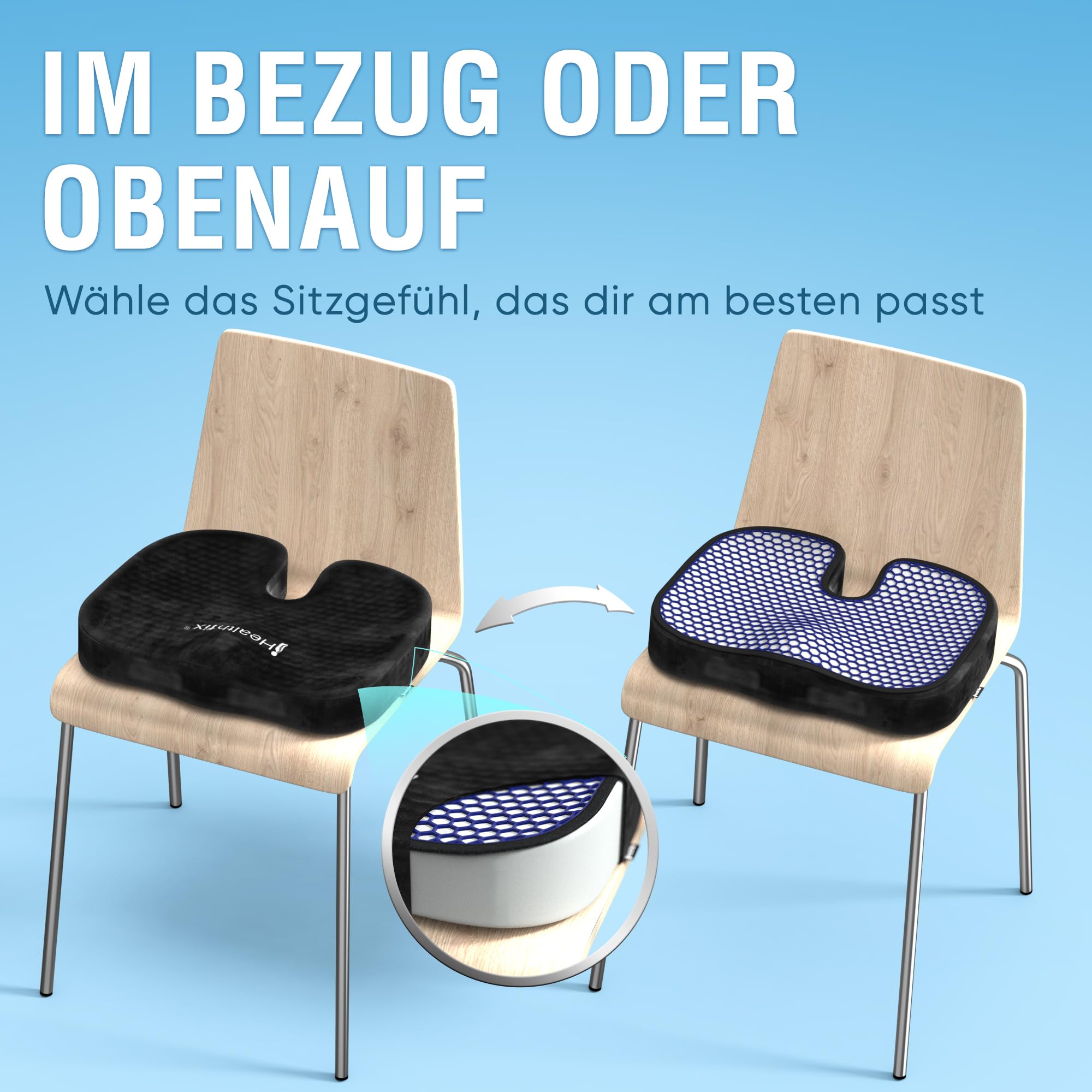 Healthfix Orthopädisches Sitzkissen Bürostuhl, Steißbein Entlastung mit Honeycomb-Layer und Veloursbezug, ergonomisches Sitzkissen für Büro Auto Zuhause, 45 x 36 x 7 cm (Schwarz)