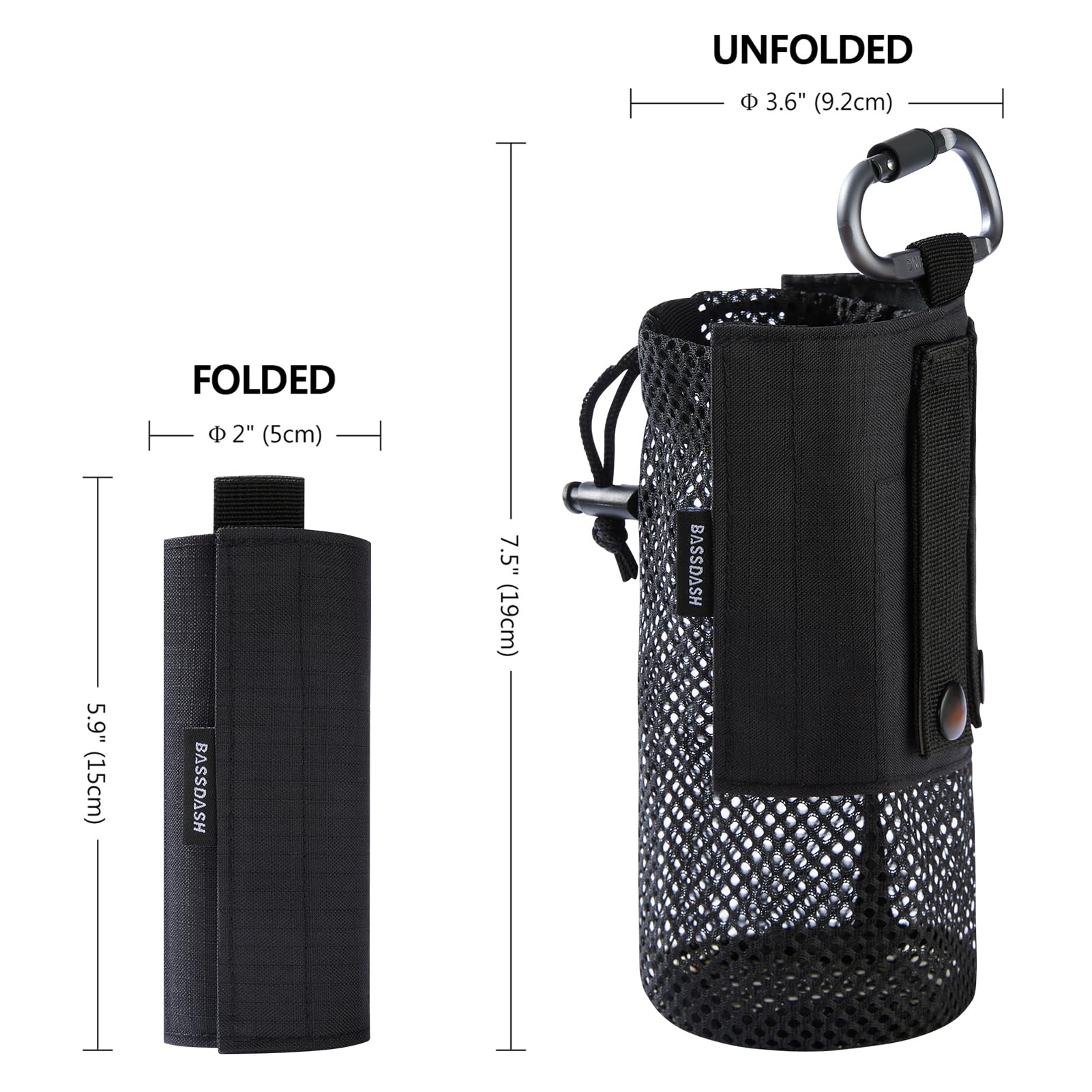 Bassdash Borsa Tattica Molle per Bottiglia d'Acqua con Moschettone Borsa Pieghevole in Rete per Viaggi Pesca Caccia Escursionismo attività all'Aperto