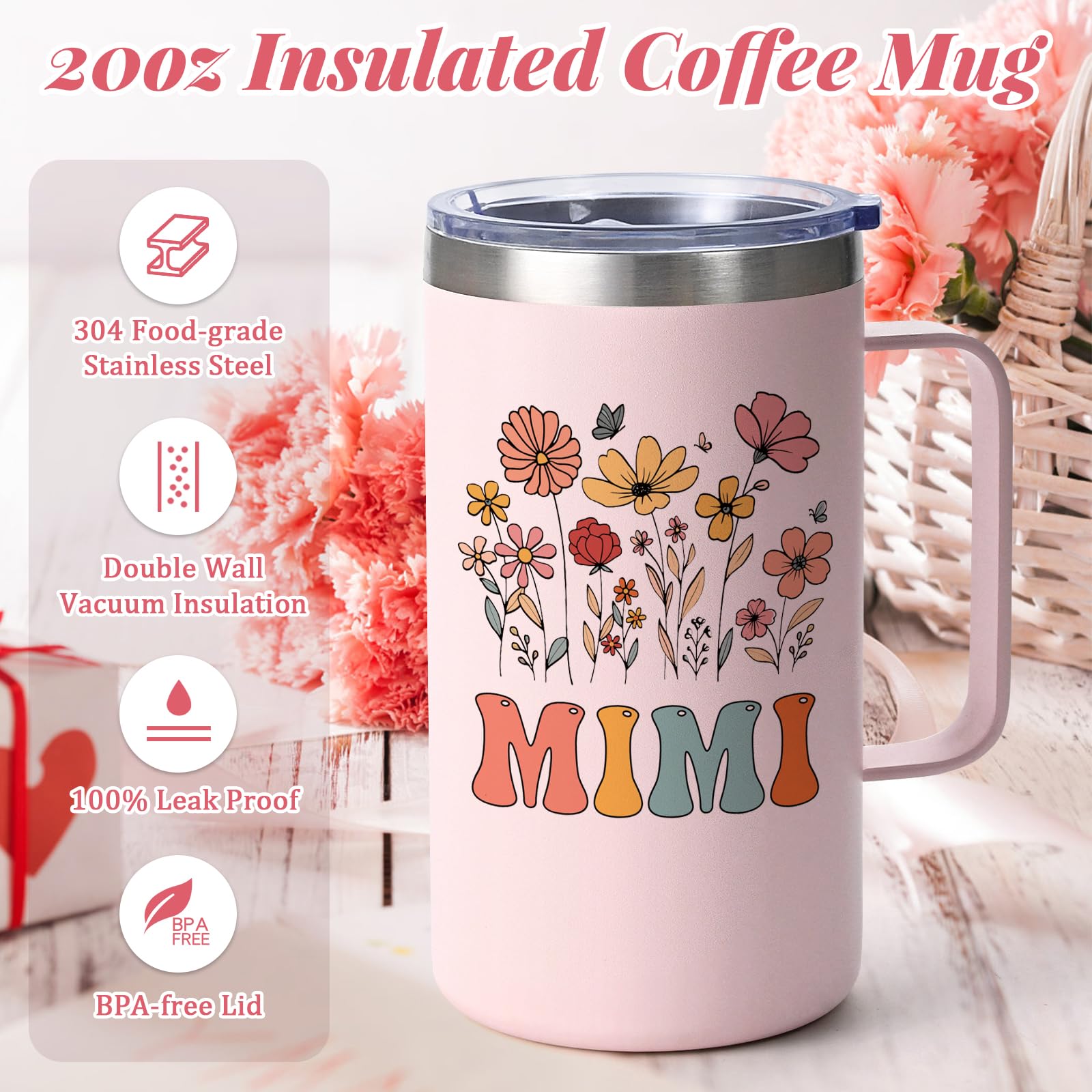 Lifecapido Mimi Gifts, Grandma Birthday Christmas Mothers Day Gifts for Grandma Mimi from Grandkids, 20oz Insulated Coffee Mug with Card
