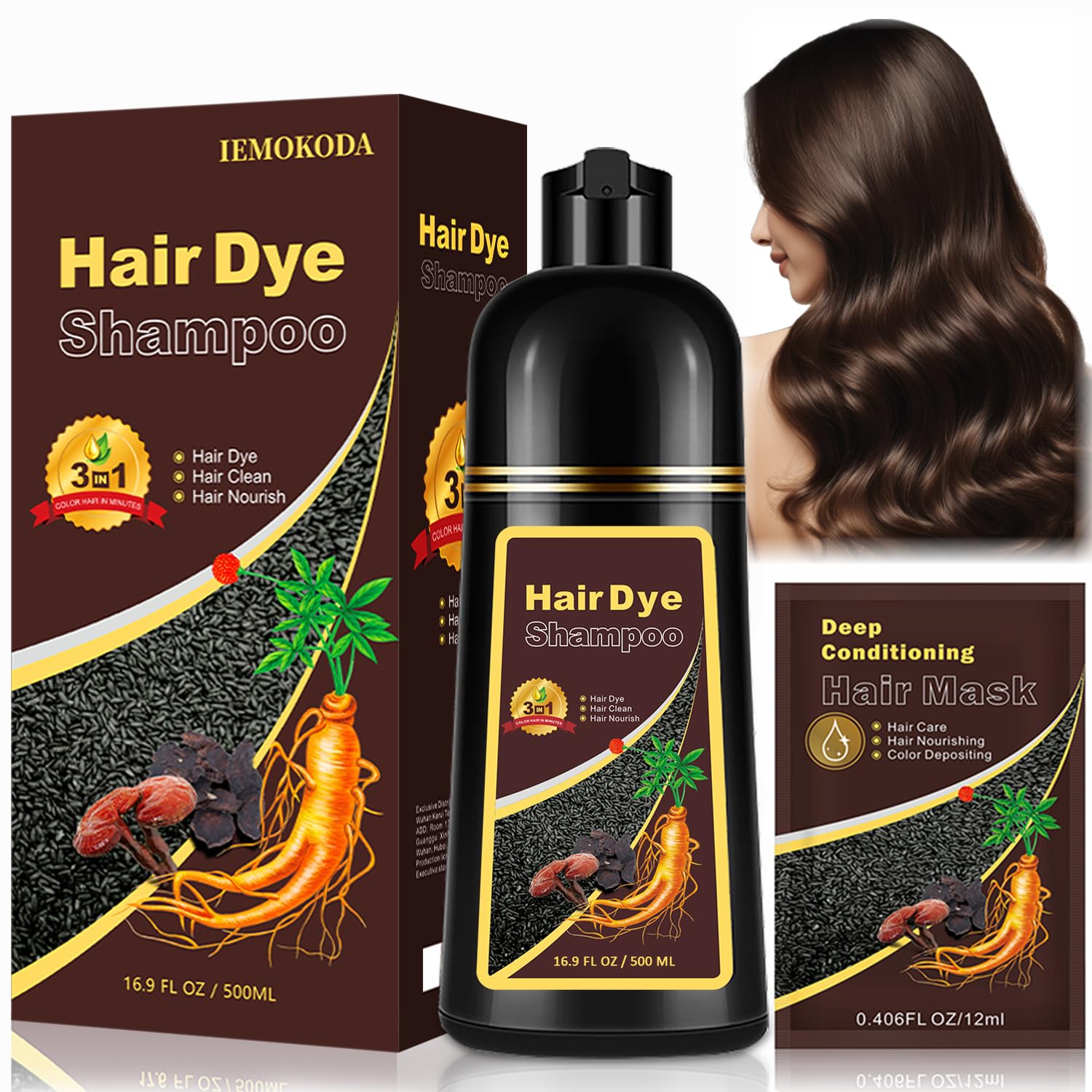 Dark Brown Hair Dye Shampoo for Gray Hair - 3-in-1 Coloring Nourishing Formula Natural Shampoo Dye Hair Color