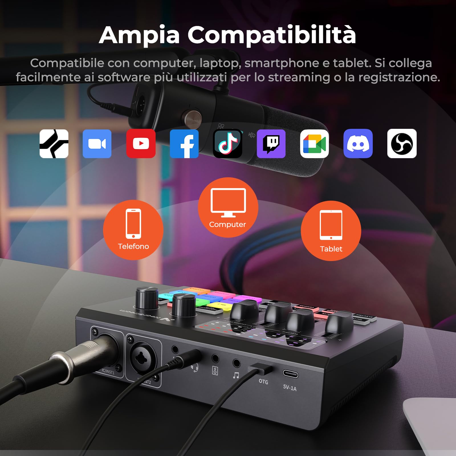 NearStream Mixer gaming con preamp mic, doppio ingresso XLR/6.35mm, 48V, RGB, voice changer, sound pads, loopback – Interfaccia audio per streaming, podcast e musica (AMIX20U)