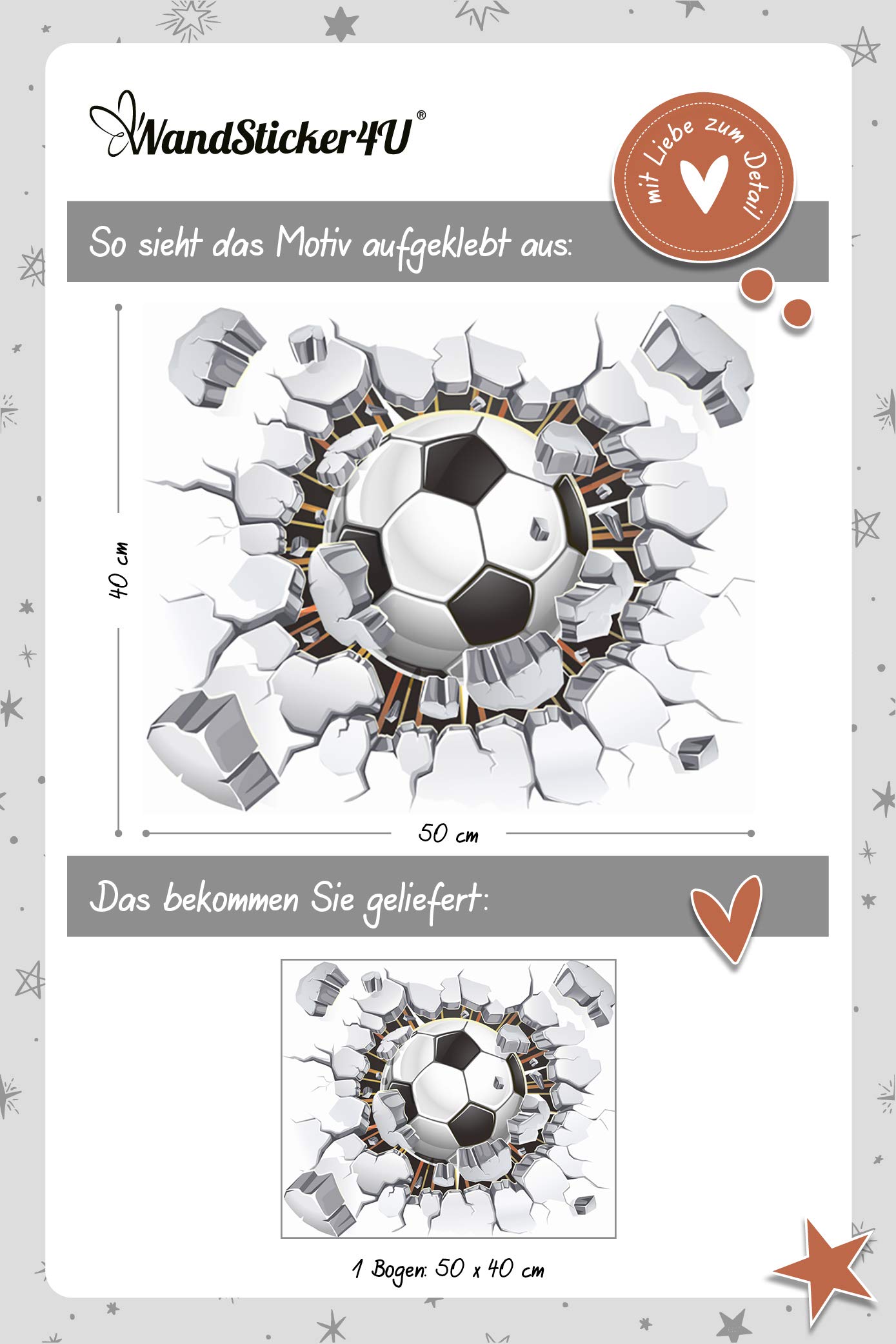 Stickers Muraux Paysage 3D Football Stickers Décoration Autocollant Football Poster Stickers Football Poster Décoratifs Pour Chambre Ado, Garcon Salon, Couloir, Crèche Mural Decoration(70 * 50 CM - 8
