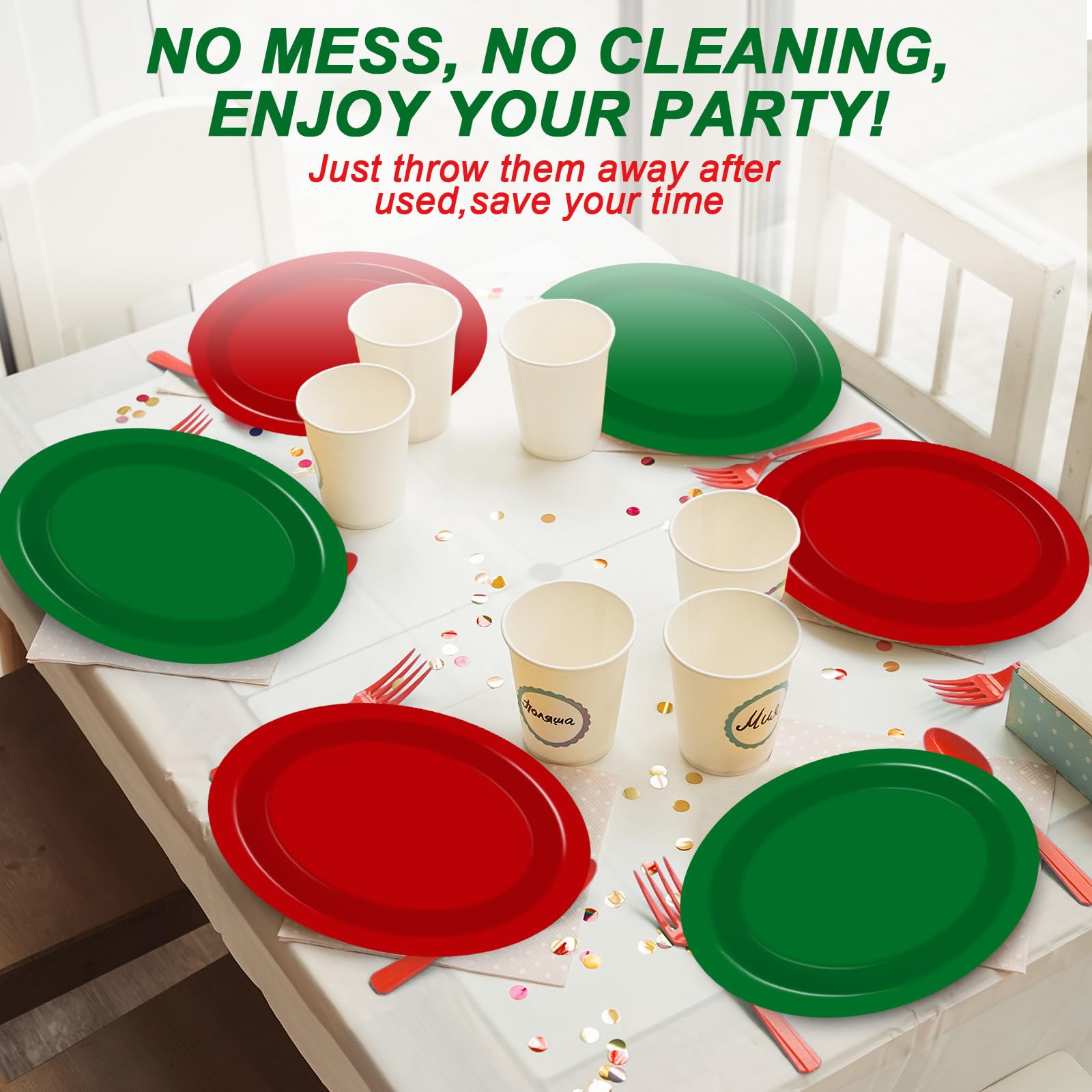 50 platos de papel ovalados de Navidad a granel, grandes, desechables, de 11 pulgadas, color rojo y verde, bandeja de platos resistente para Navidad, invierno, vacaciones, fiesta de cumpleaños,