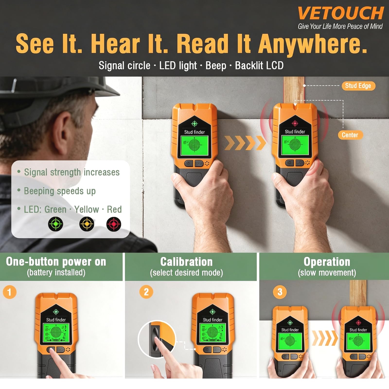 VETOUCH 6-in-1 Stud Finder - Detects Studs, Wires & More -5