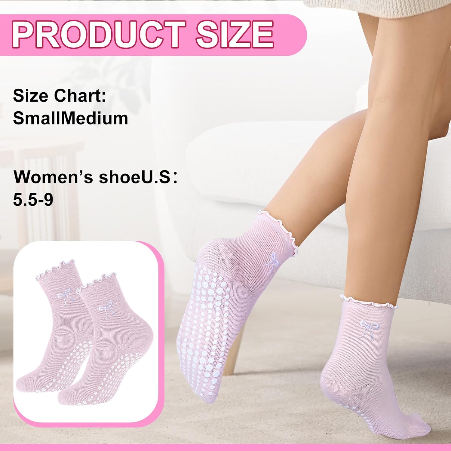 6 Pairs Grip Socks Pilates Cotton Cute Pilates Socks Ruffle Non Slip Crew Grippy Yoga Socks with Bow for Yoga Gym Ballet Barefoot Workout Mother Valentine Christmas Birthday Gift
