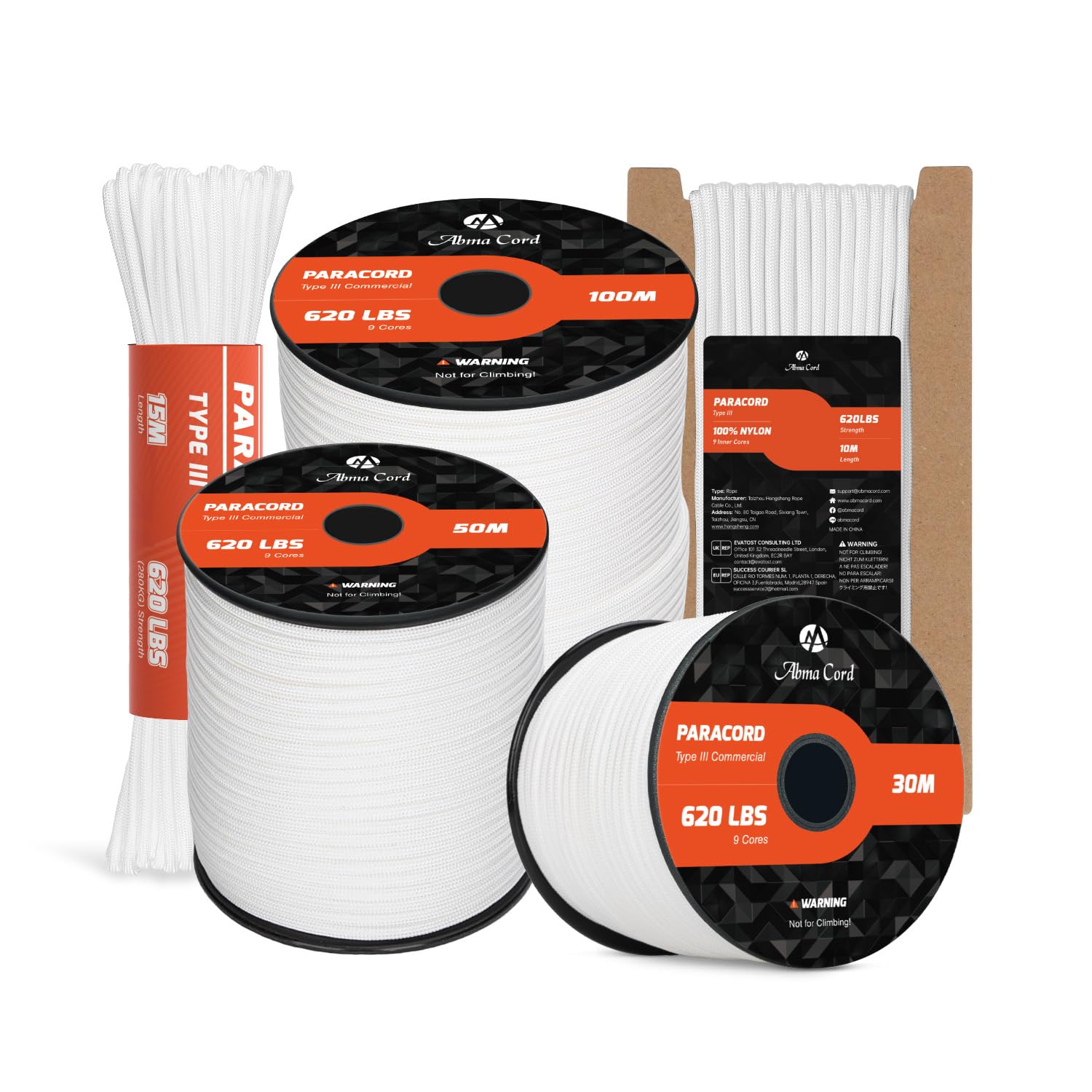 Abma Cord Paracord 4mm 10m 100% Nylon Rope 9 Strands Type III Parachute Cord for DIY, Camping, Survival, Outdoor - Max. 280kg - White