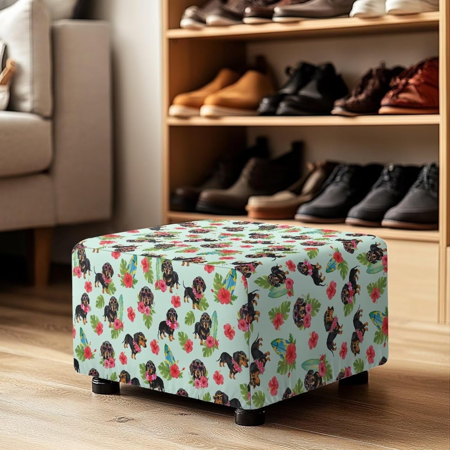 Large Ottoman Cover Dachshund Rose Pouf Foot Rest Slipcover Footstool Protector Washable Removable Footstool Cover with Elastic Band Storage Furniture Protector