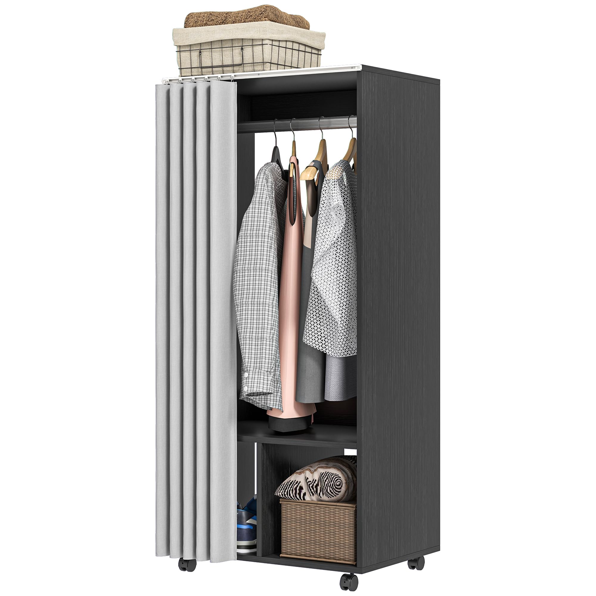 HOMCOM Armadietto guardaroba mobile con tenda armadio a 4 ruote con asta di sospensione e mensole, guardaroba per camera da letto, 60 x 40 x 128 cm, nero