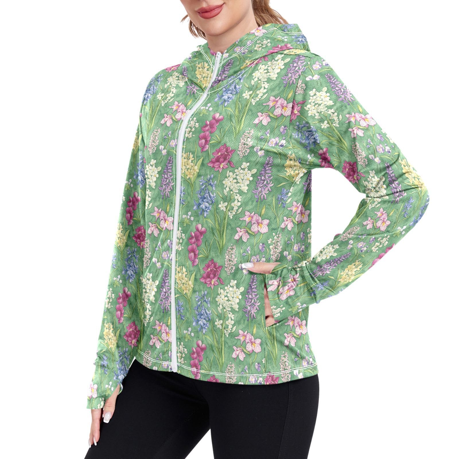 Womens Sun Protection Hoodie Jacket Lightweight Long Sleeve Zip Up Jackets for Women Clothing for Hiking Golf Cycling XXL Spring Flowers Orchid