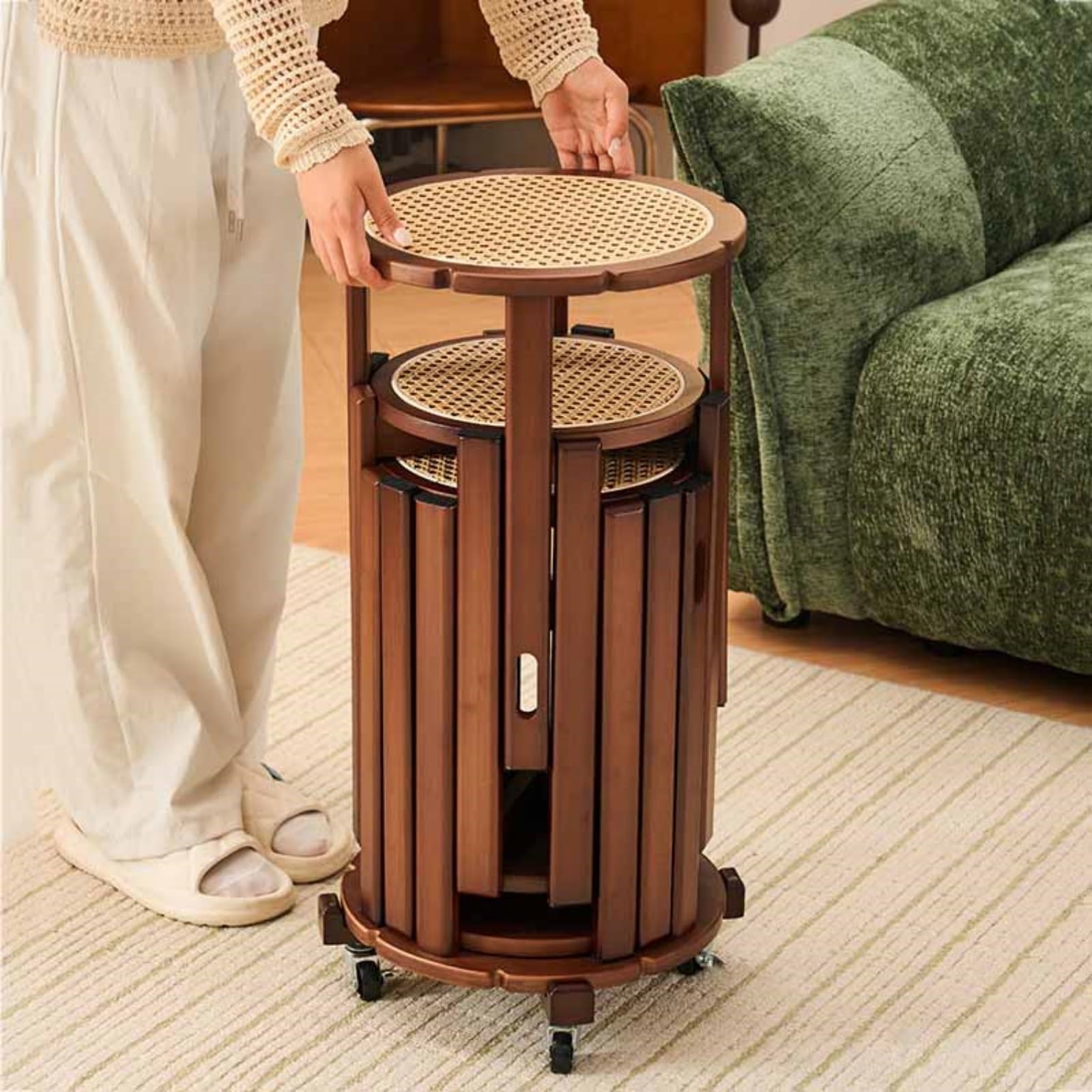 XNZJHPP 6-in-1 Stackable Rattan & Bamboo Nesting Stools Set of 6 - Versatile Coffee & End Tables for Living Room, Patio, and Outdoor Use (With Wheels A)