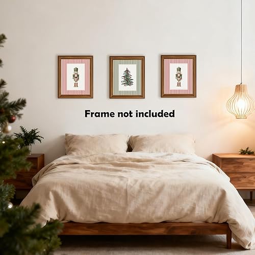 Miniatura 7 de XWELLDAN Juego de 3 cuadros retro con diseño de cascanueces y árbol de Navidad, diseño de rayas, 8 x 10 pulgadas, sin marco Navidad rojo y