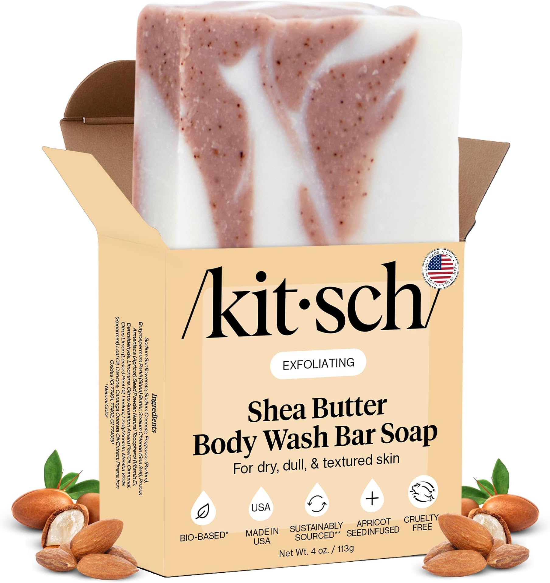 Shea Butter Exfoliating Bar Soap for Women | Made in US | Hydrating & Moisturizing Shea Butter Solid Body Wash Bar | All Natural Body Soap | Zero Waste Bath Soap Bars | Paraben Free, 4 oz