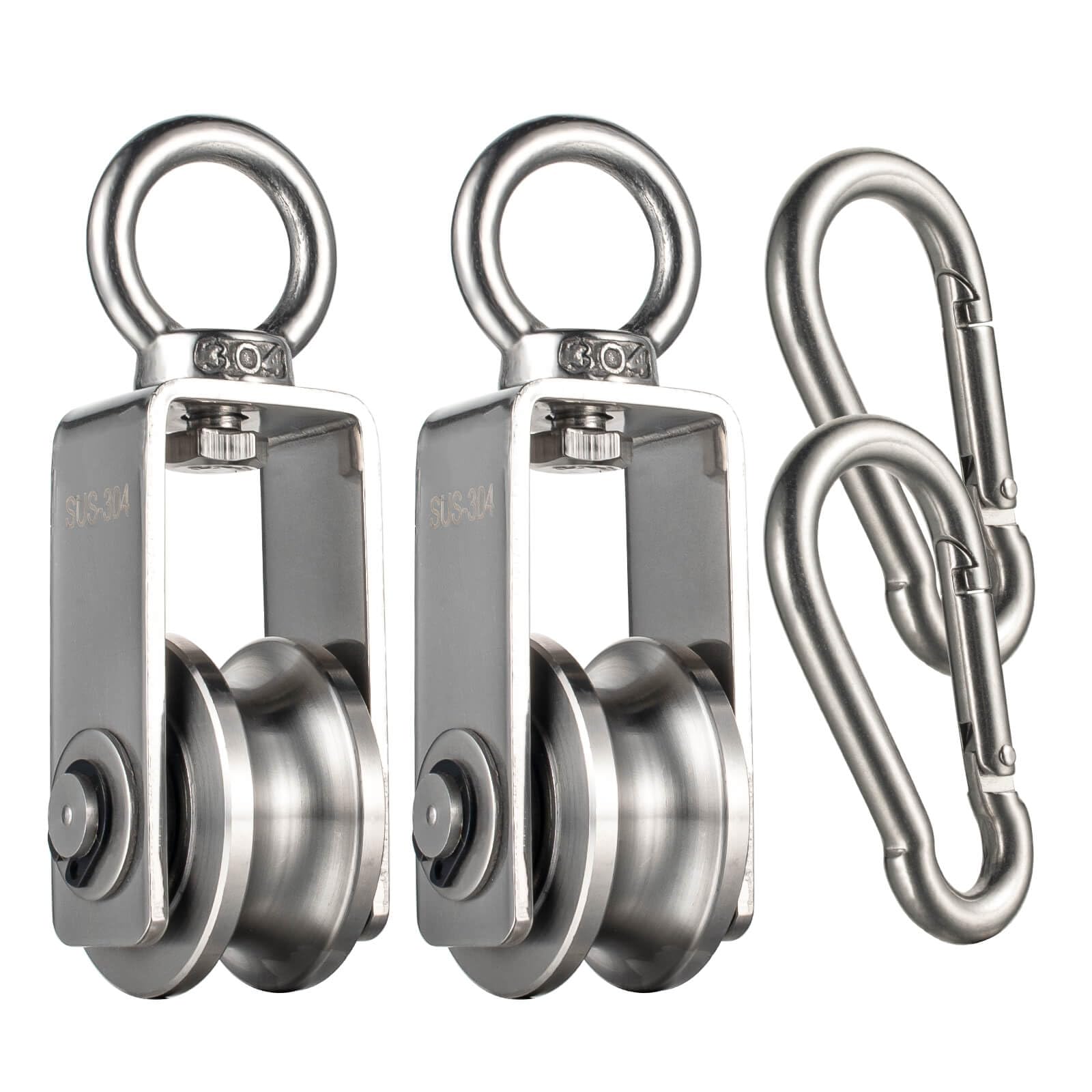 2 poleas con mosquetón, cojinete interior, acero inoxidable, polea para sistema de polea